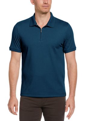 Perry Ellis Men's Vertical Ribbed Knit Polo Shirt, Blue, 2XL