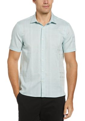 Perry Ellis Men's Short Sleeve Sateen Plaid Shirt, Blue, 2XL