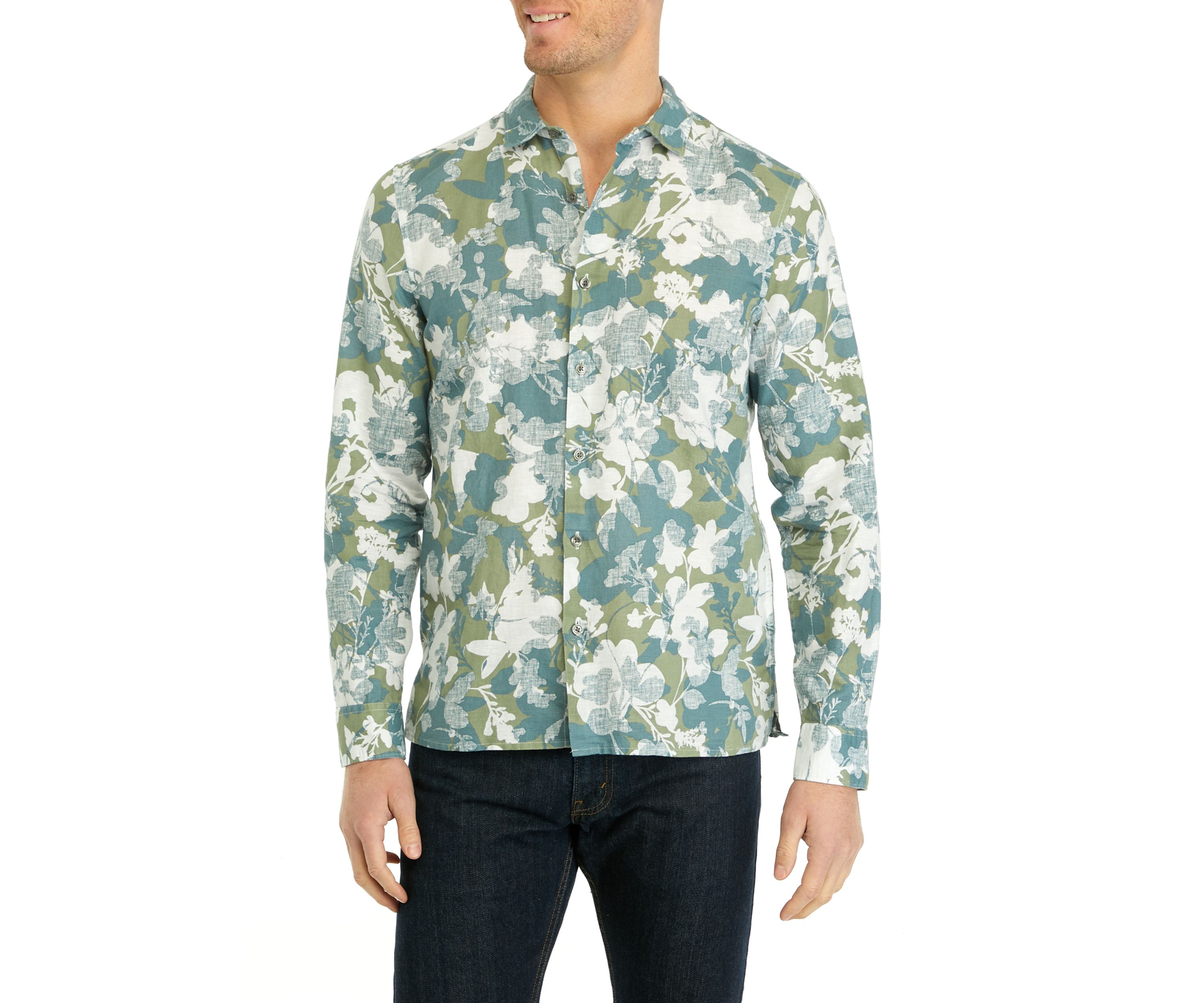 Long Sleeve Linen Floral Print Woven Button Up Shirt