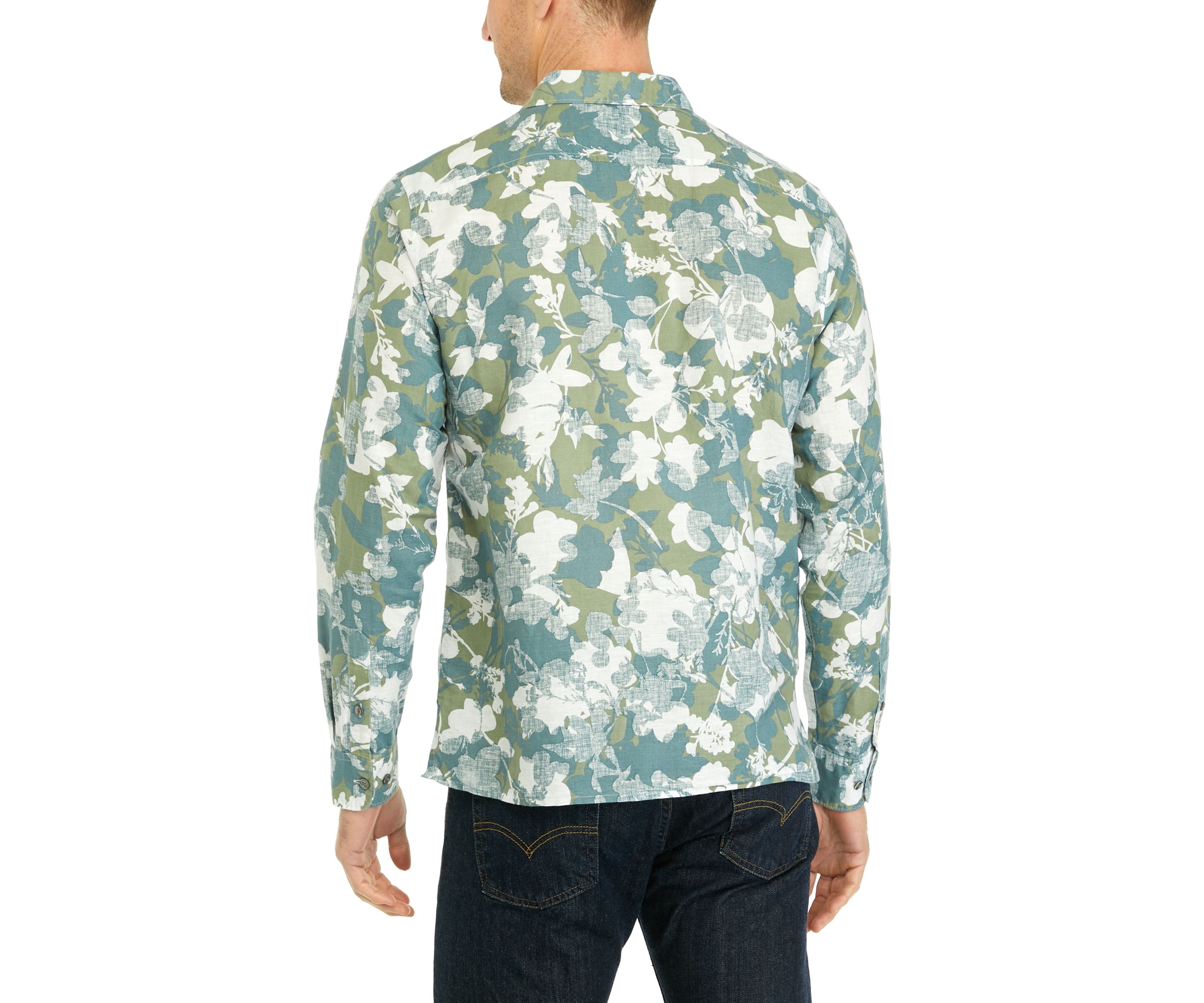 Long Sleeve Linen Floral Print Woven Button Up Shirt