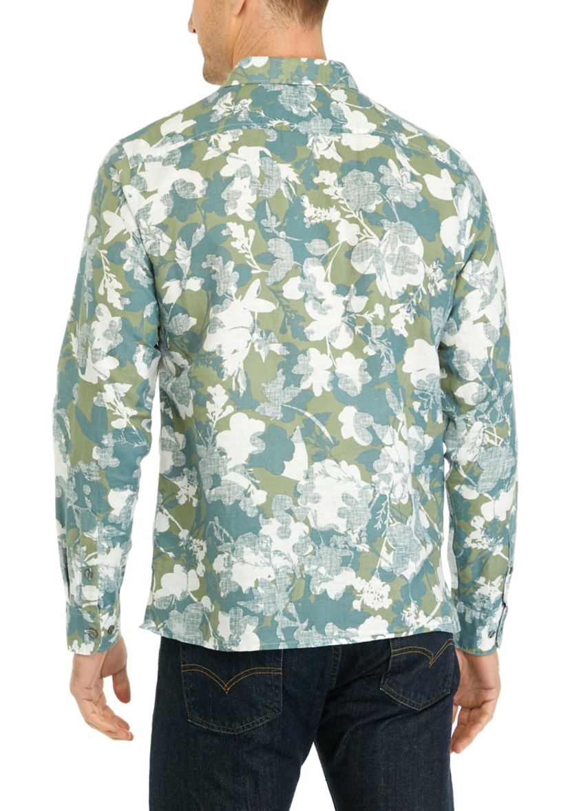 Long Sleeve Linen Floral Print Woven Button Up Shirt