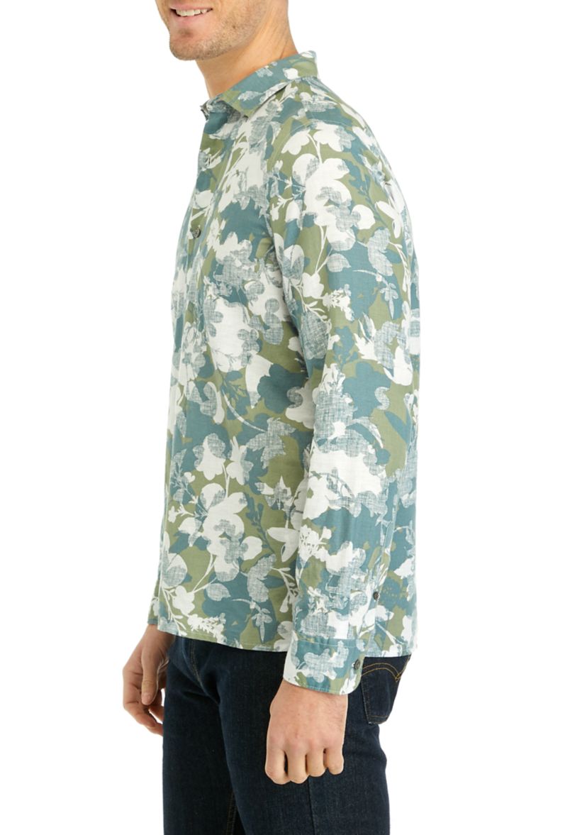 Long Sleeve Linen Floral Print Woven Button Up Shirt