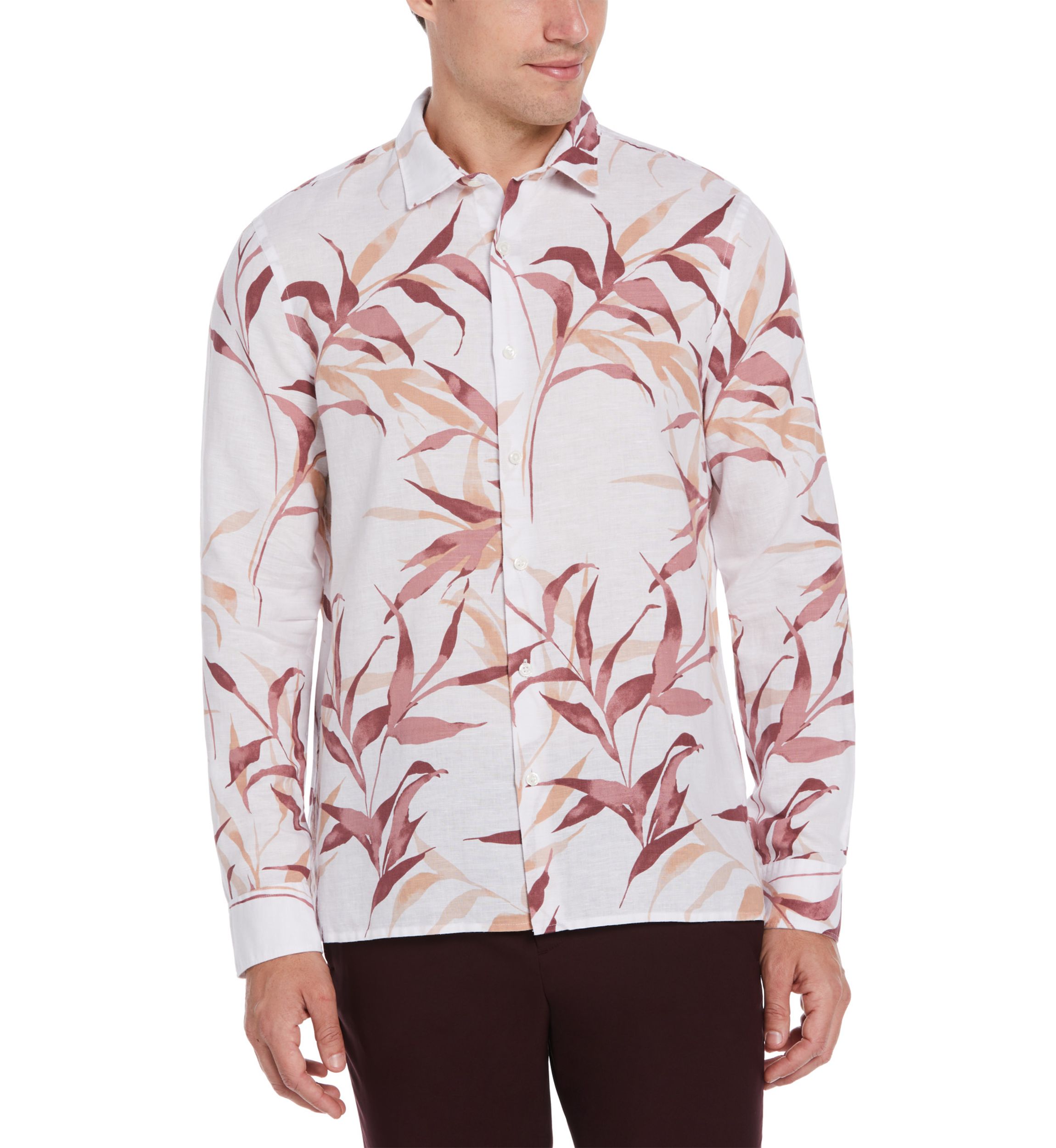 Mens Long Sleeve Linen Floral Printed Woven Button Down Shirt