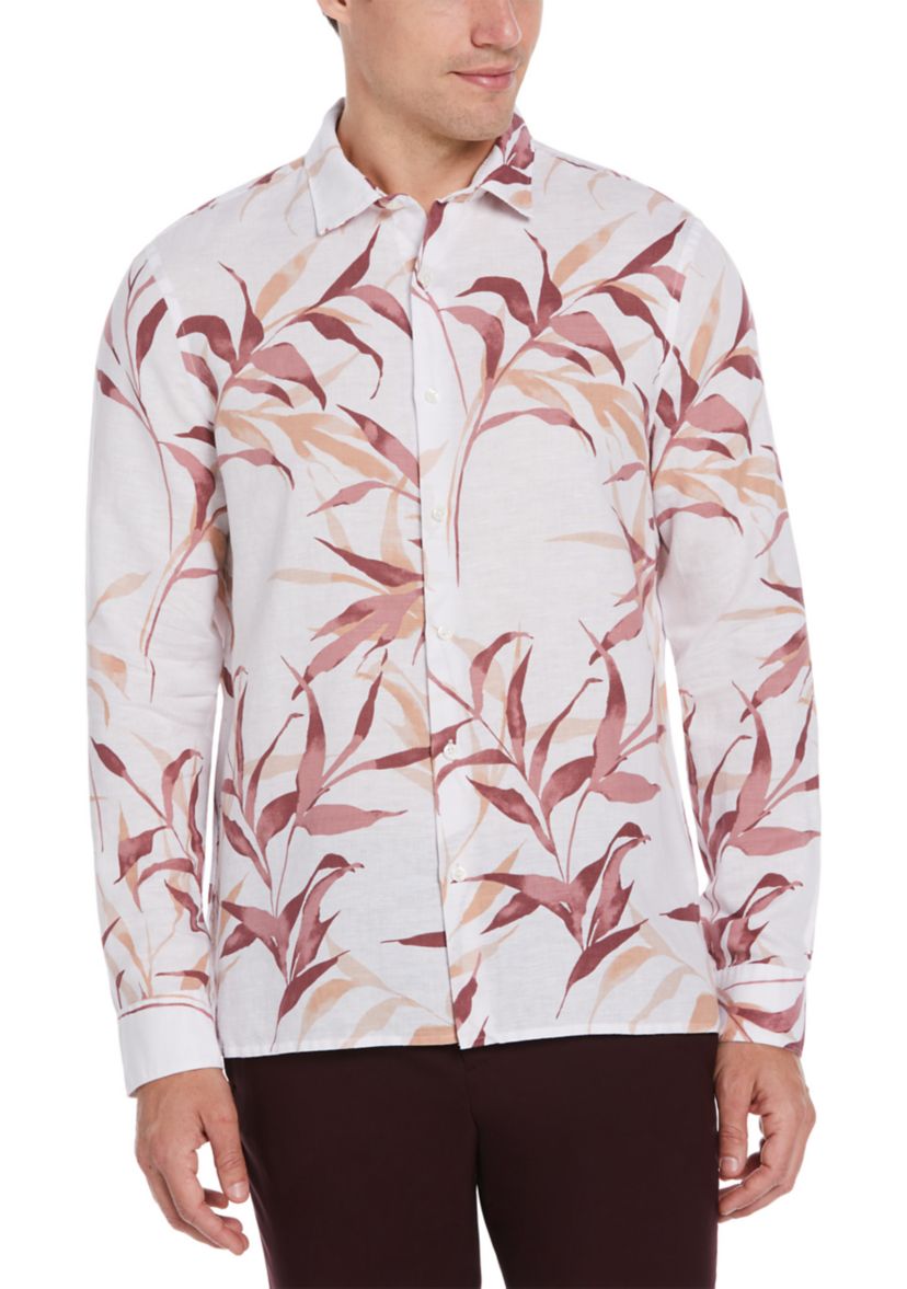 Mens Long Sleeve Linen Floral Printed Woven Button Down Shirt
