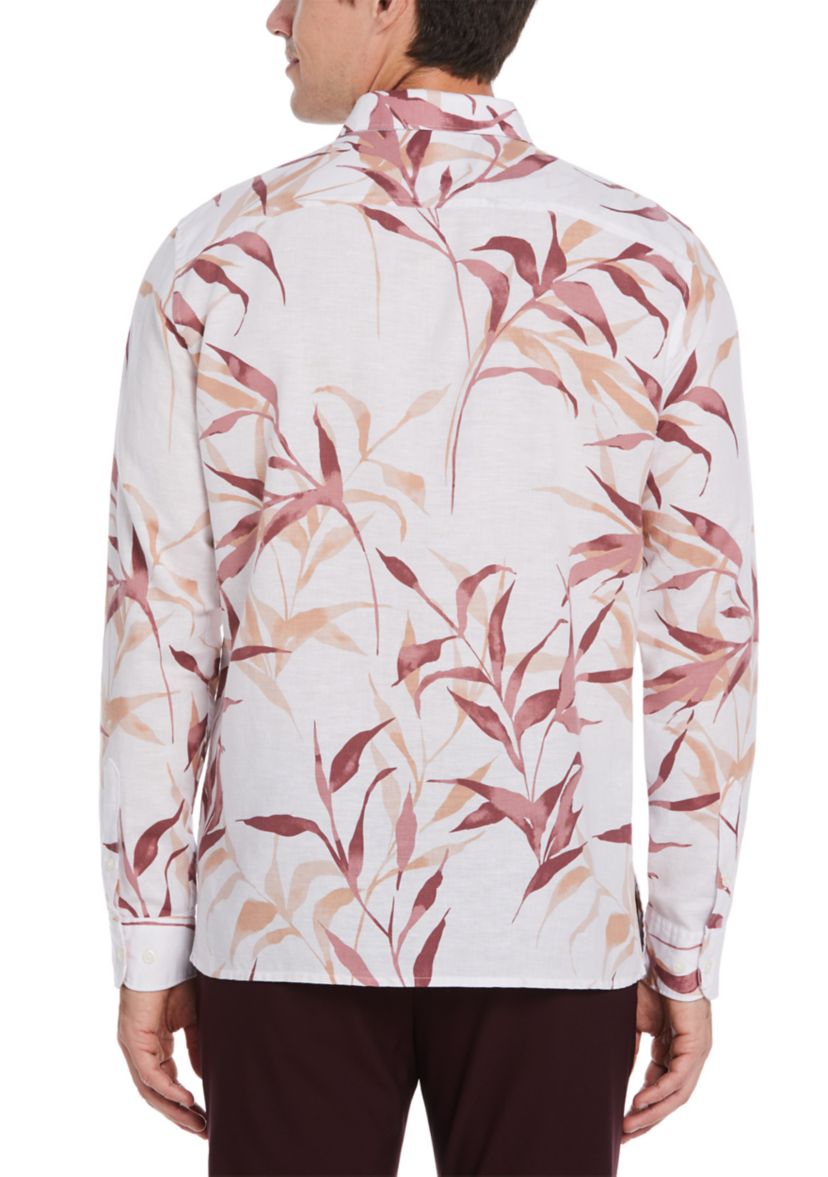 Mens Long Sleeve Linen Floral Printed Woven Button Down Shirt