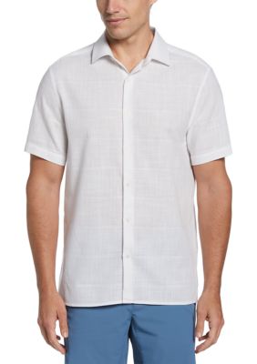 Perry Ellis Men's Linen-Like Textured Plaid Shirt, White, Small