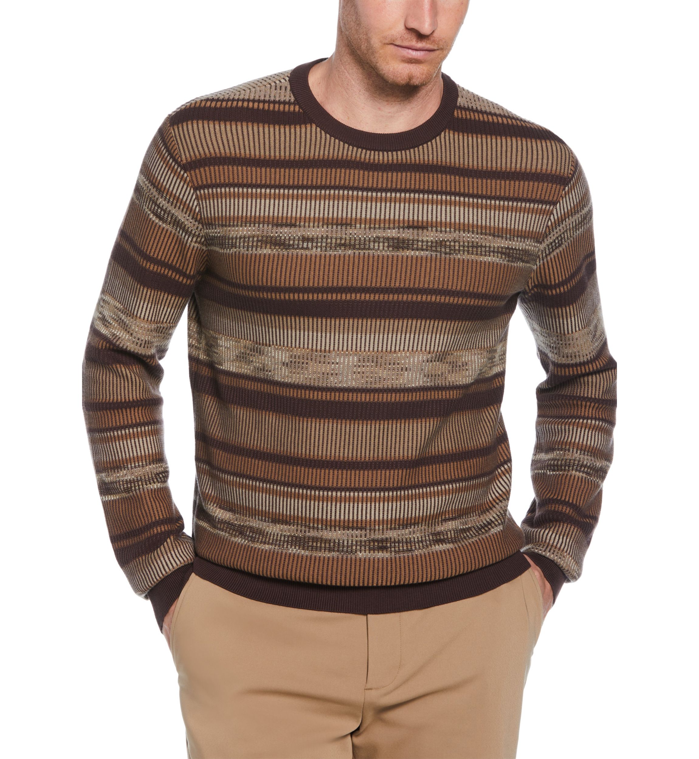 Mens Varigated Stripe Long Sleeve Crew Neck Sweater