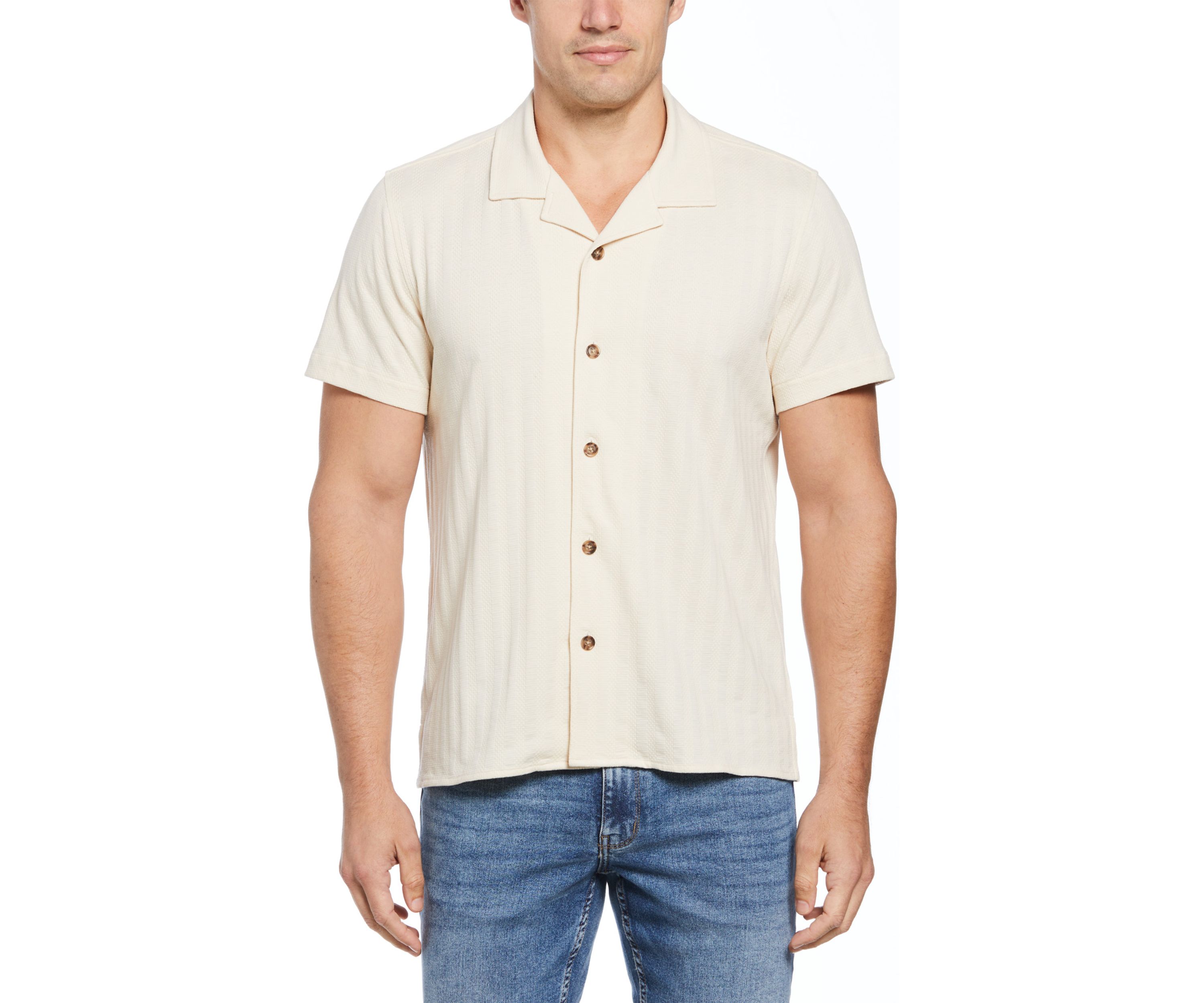 Mens Short Sleeve Textured Stripe Camp Shirt