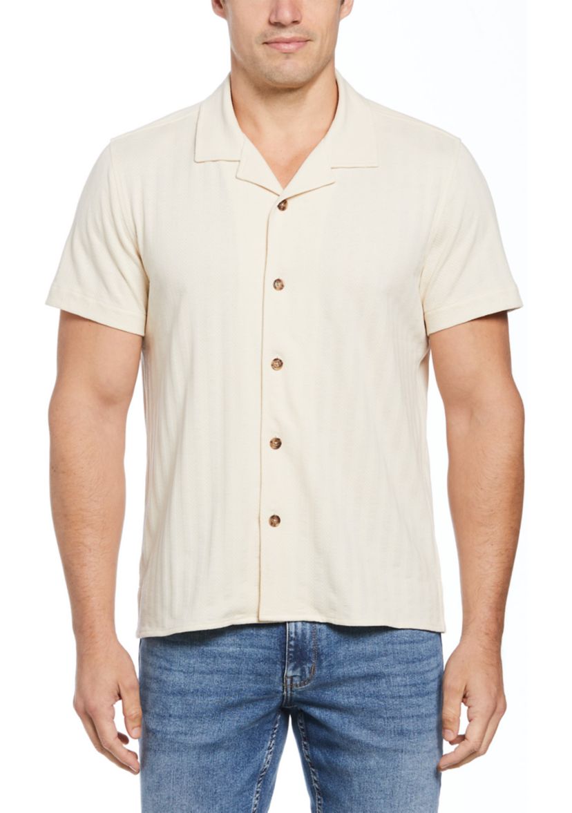 Mens Short Sleeve Textured Stripe Camp Shirt