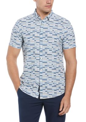 Perry Ellis Men's Geometric Tile Printed Button Down Shirt, White, Small