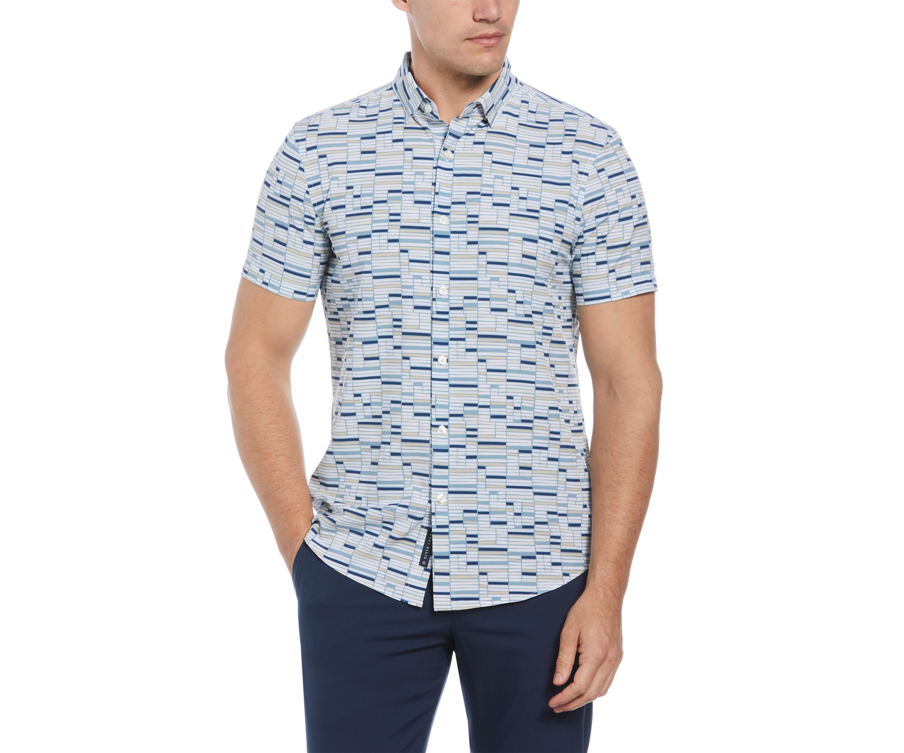 Mens Geometric Tile Printed Button Down Shirt