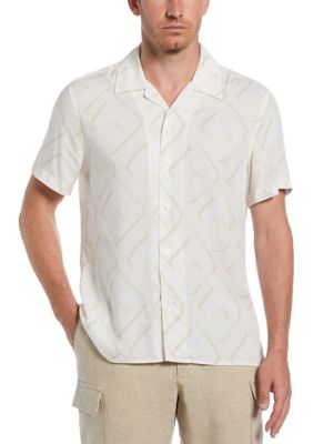 Perry Ellis Men's Short Sleeve Abstract Linen Shirt, White, 2XL