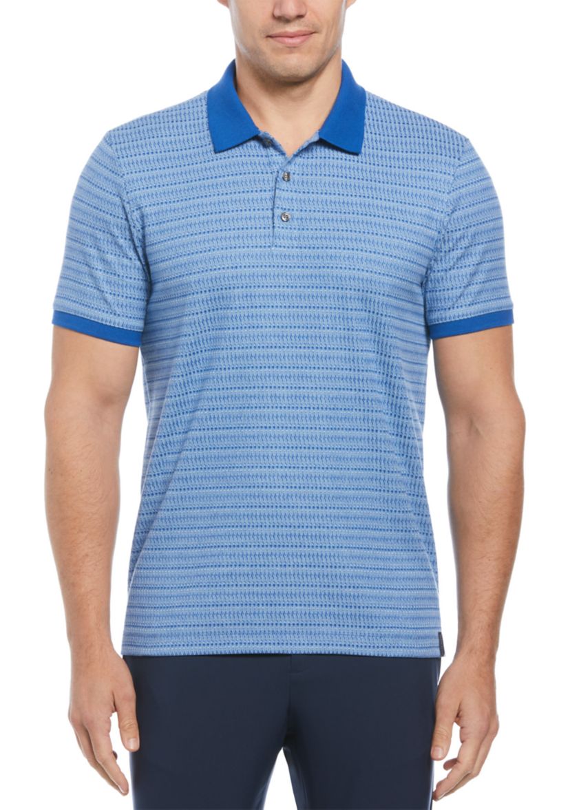 Mens Geometric Printed Ribbed Three Button Polo Shirt