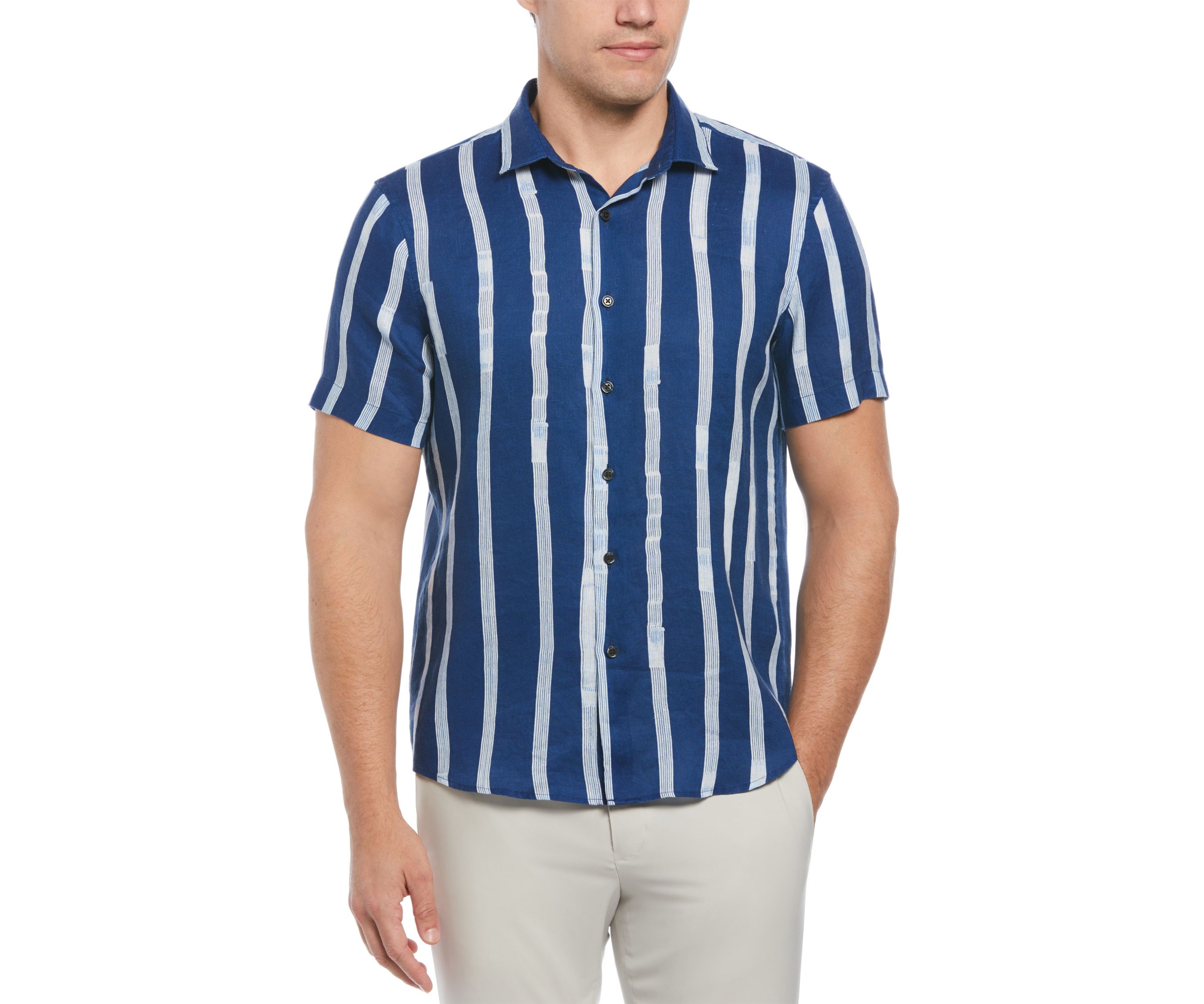 Mens Striped Linen Blend Button Down Shirt