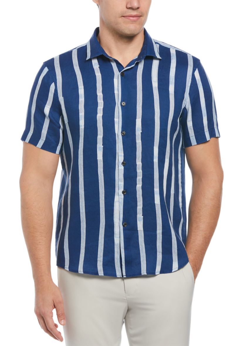 Mens Striped Linen Blend Button Down Shirt