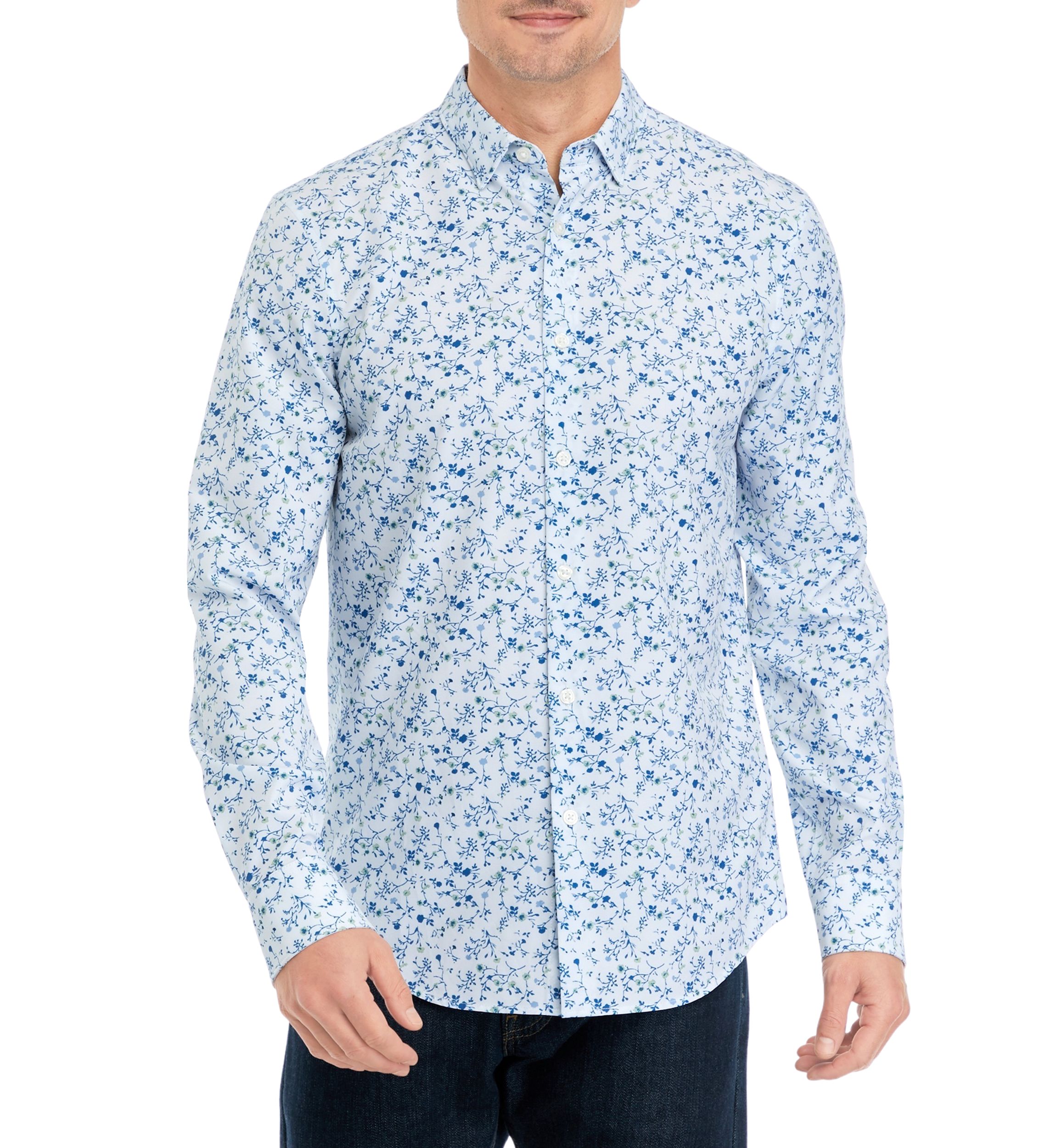 Mens Long Sleeve Floral Printed Woven Button Down Shirt