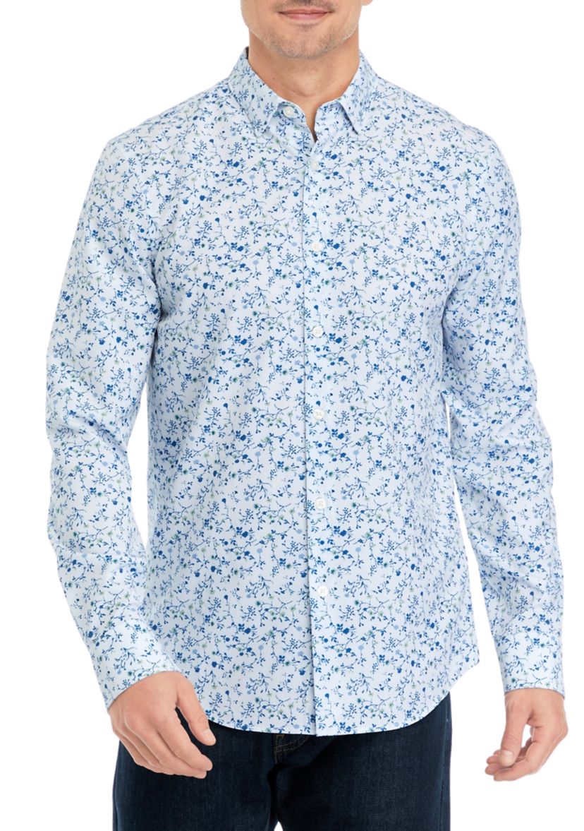 Mens Long Sleeve Floral Printed Woven Button Down Shirt