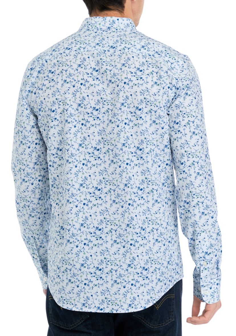 Mens Long Sleeve Floral Printed Woven Button Down Shirt