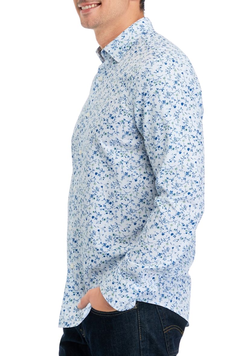 Mens Long Sleeve Floral Printed Woven Button Down Shirt