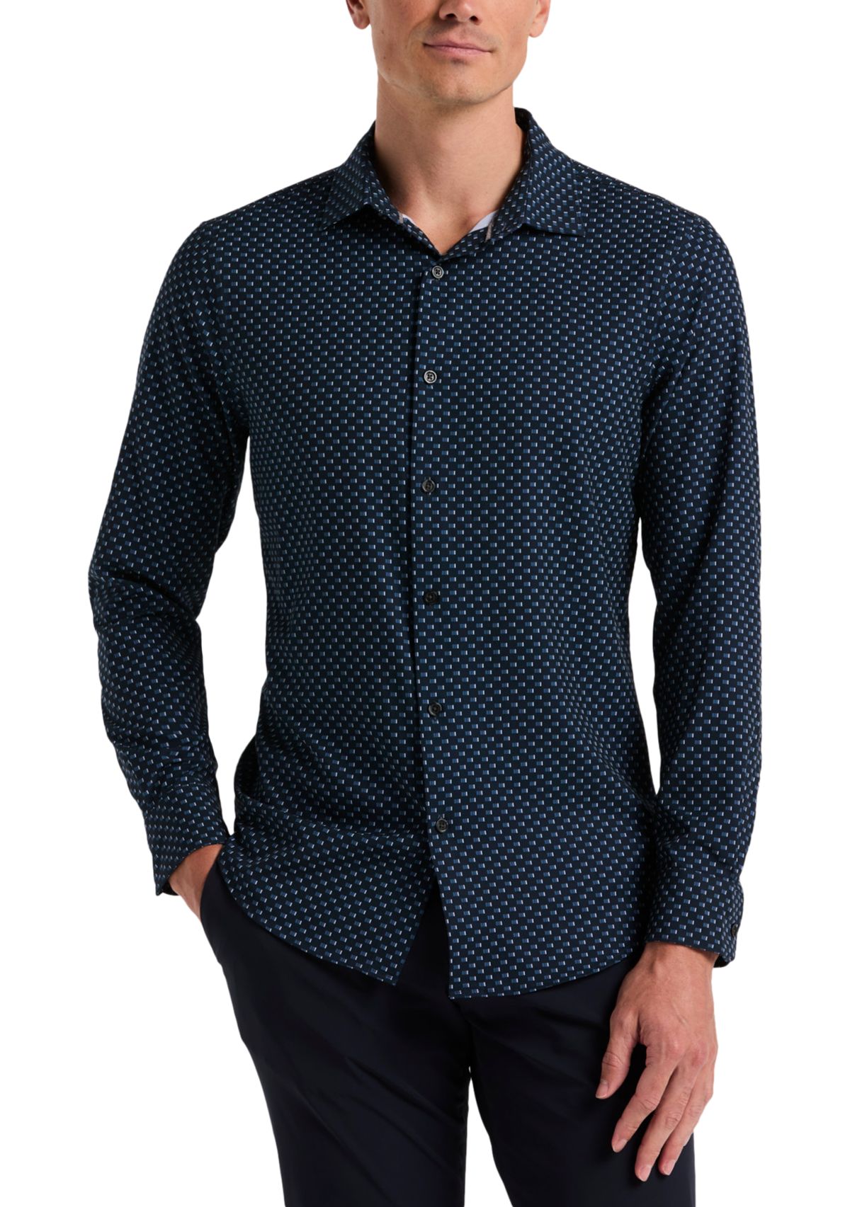 Long Sleeve Slim Grid Button Down Shirt 
