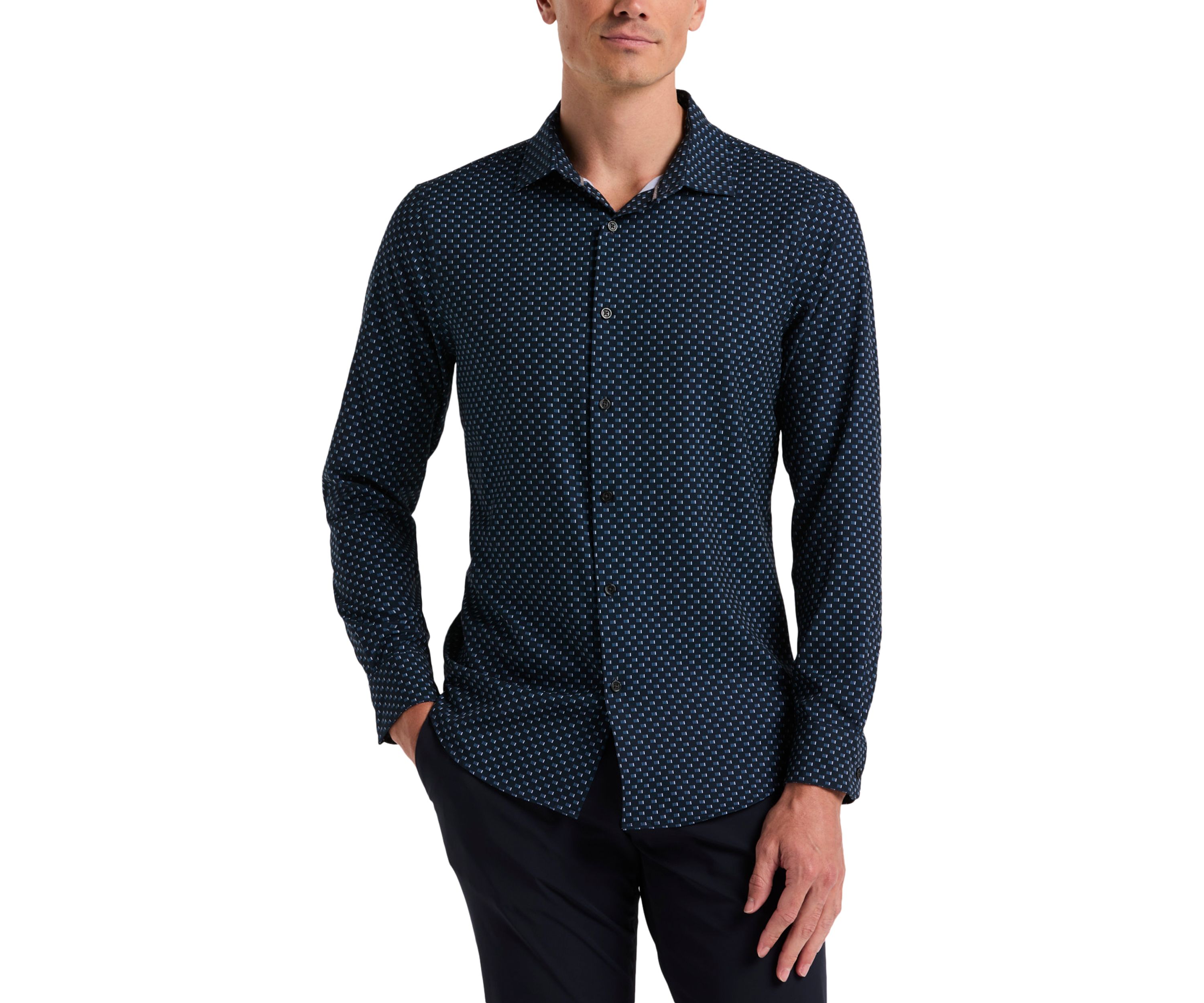Long Sleeve Slim Grid Button Down Shirt 