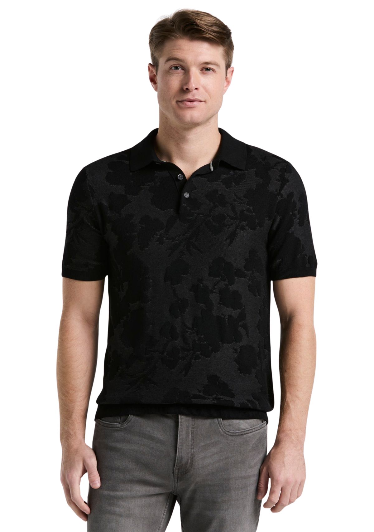 Mens Short Sleeve Floral Jacquard 3 Button Polo Shirt