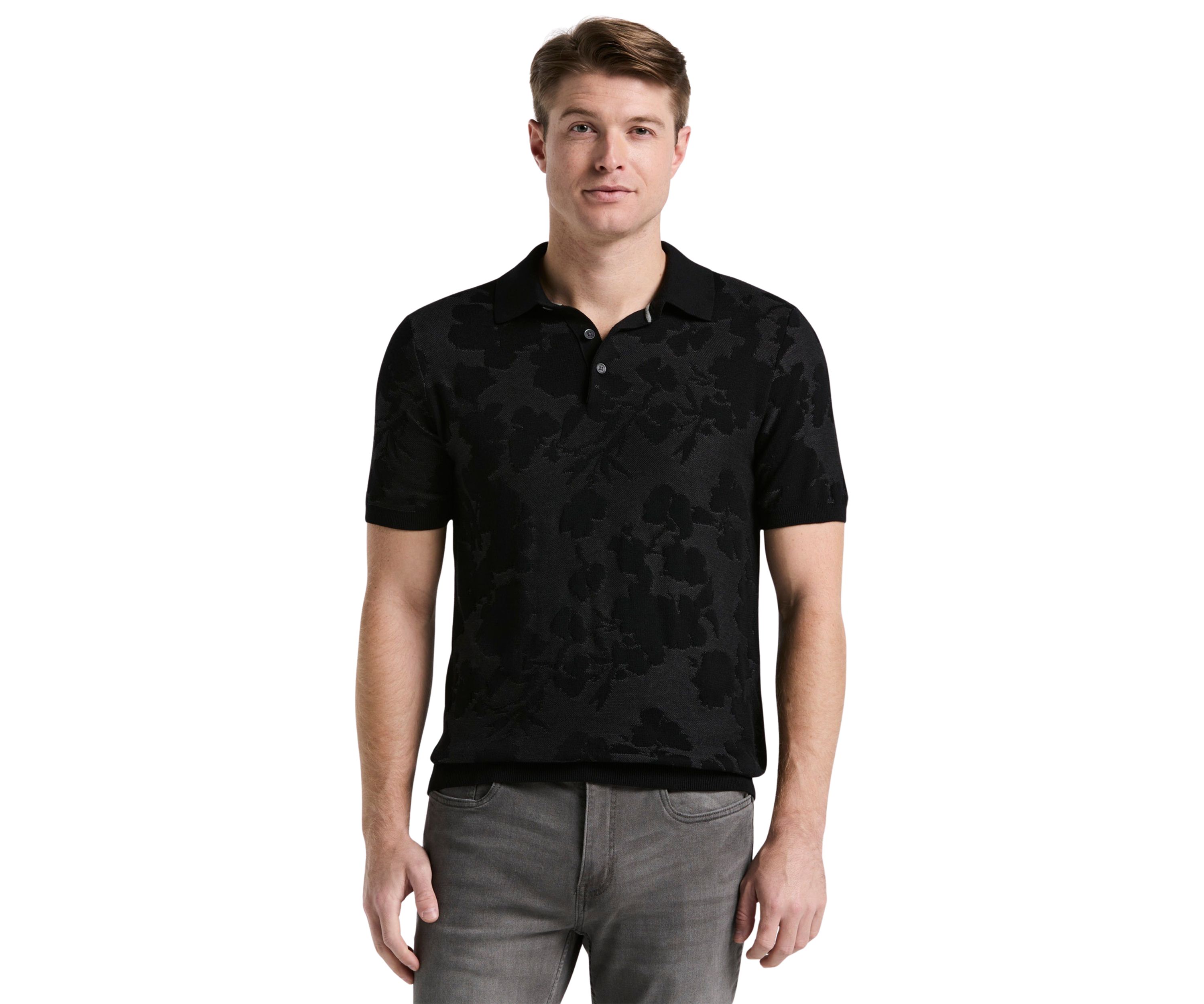 Mens Short Sleeve Floral Jacquard 3 Button Polo Shirt