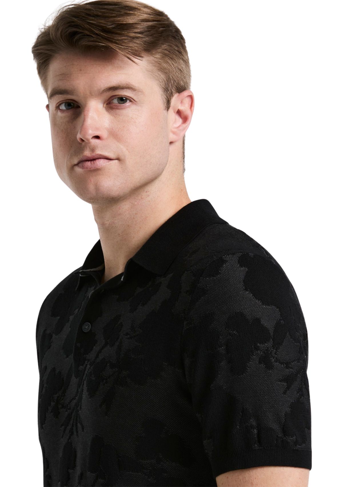 Mens Short Sleeve Floral Jacquard 3 Button Polo Shirt