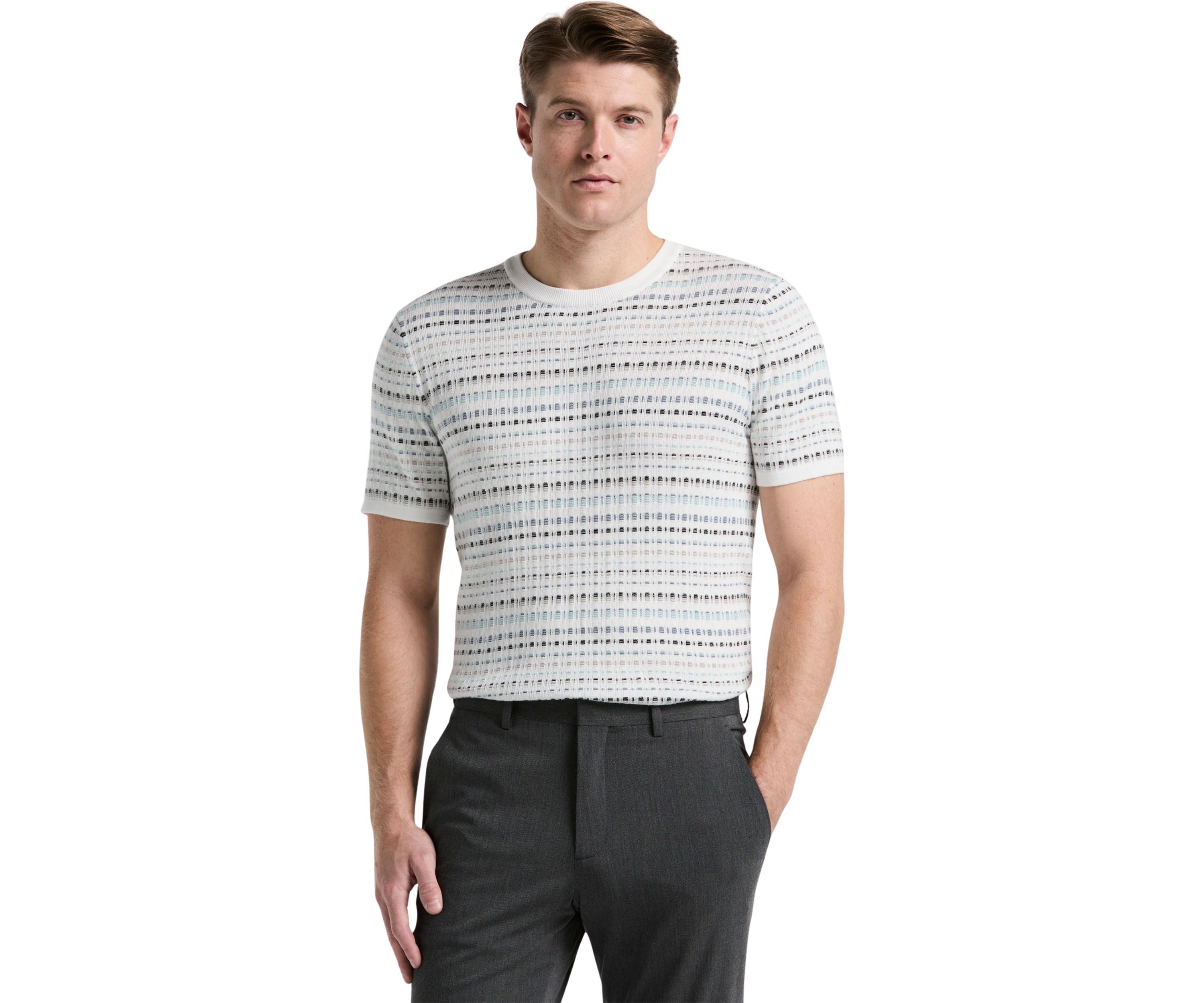 Mens Short Sleeve Multicolor Geometric Jacquard Crew Neck Sweater