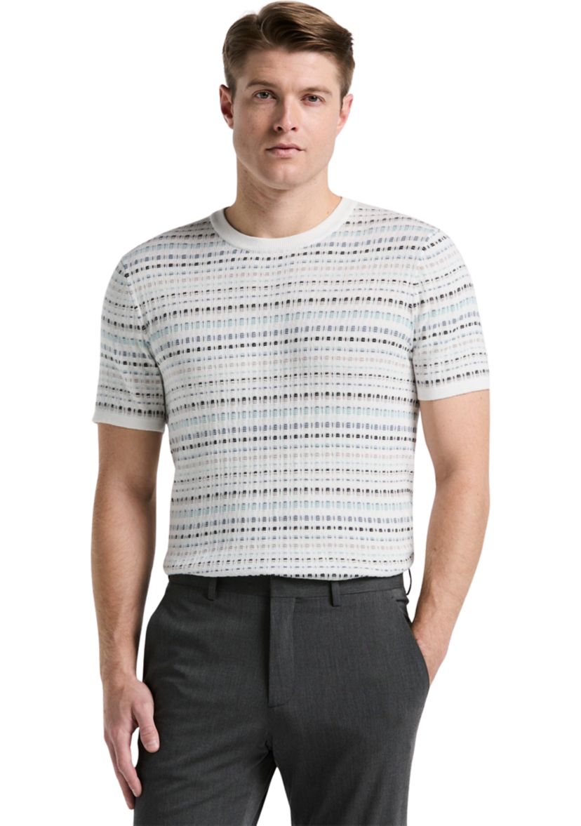 Mens Short Sleeve Multicolor Geometric Jacquard Crew Neck Sweater