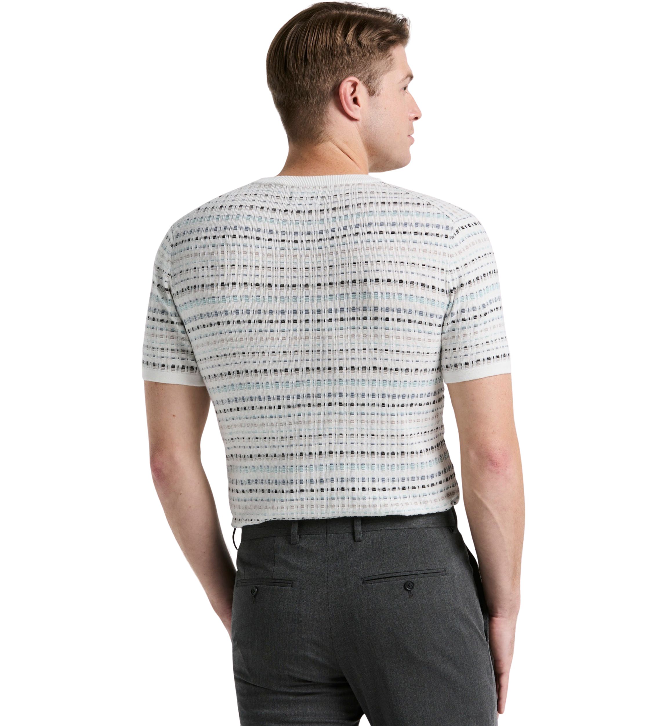 Mens Short Sleeve Multicolor Geometric Jacquard Crew Neck Sweater
