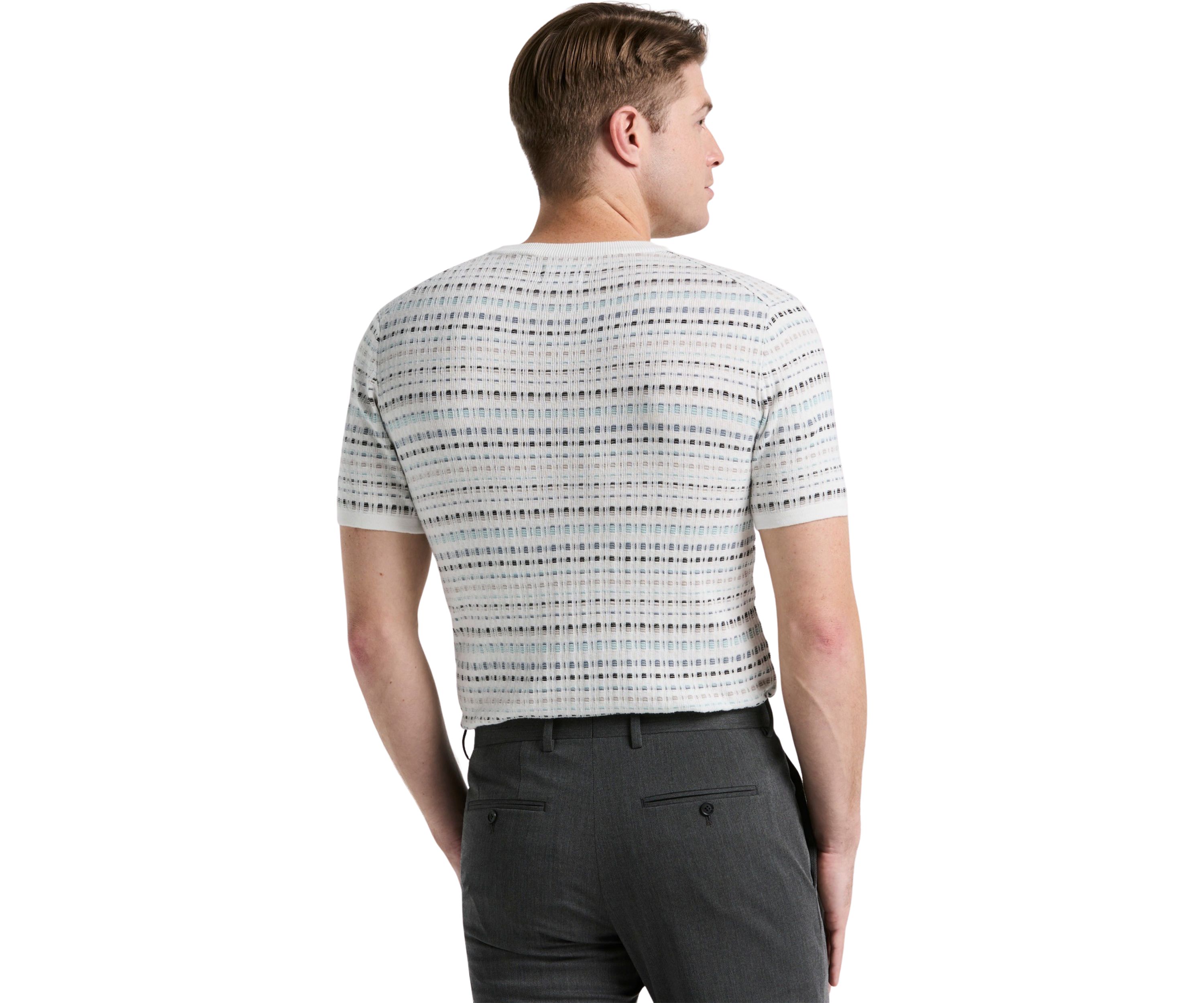 Mens Short Sleeve Multicolor Geometric Jacquard Crew Neck Sweater