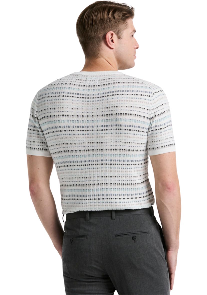 Mens Short Sleeve Multicolor Geometric Jacquard Crew Neck Sweater