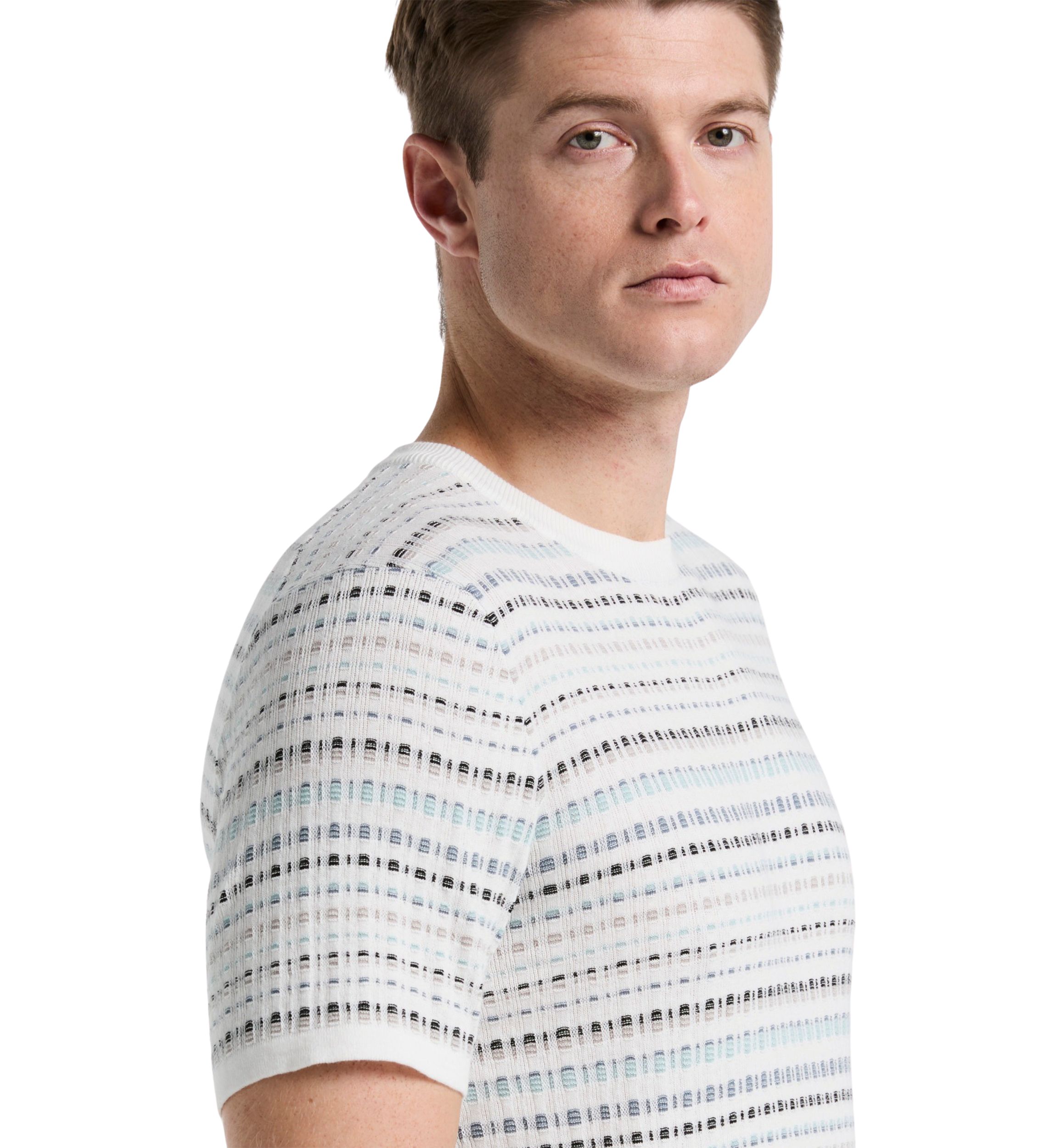 Mens Short Sleeve Multicolor Geometric Jacquard Crew Neck Sweater
