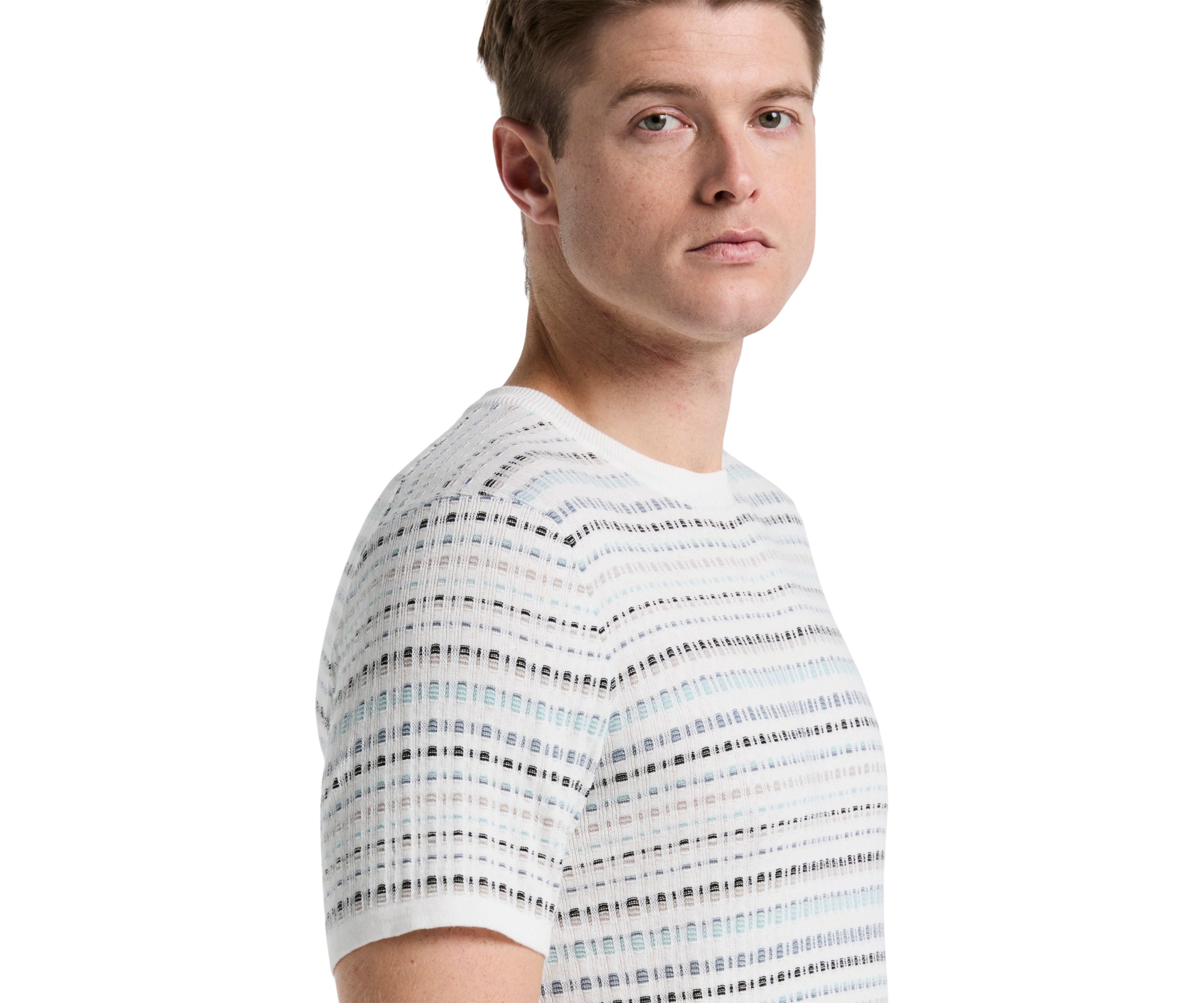 Mens Short Sleeve Multicolor Geometric Jacquard Crew Neck Sweater