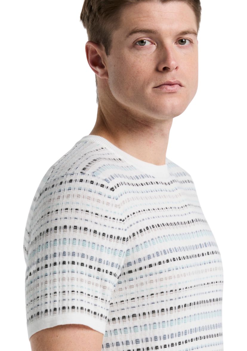 Mens Short Sleeve Multicolor Geometric Jacquard Crew Neck Sweater