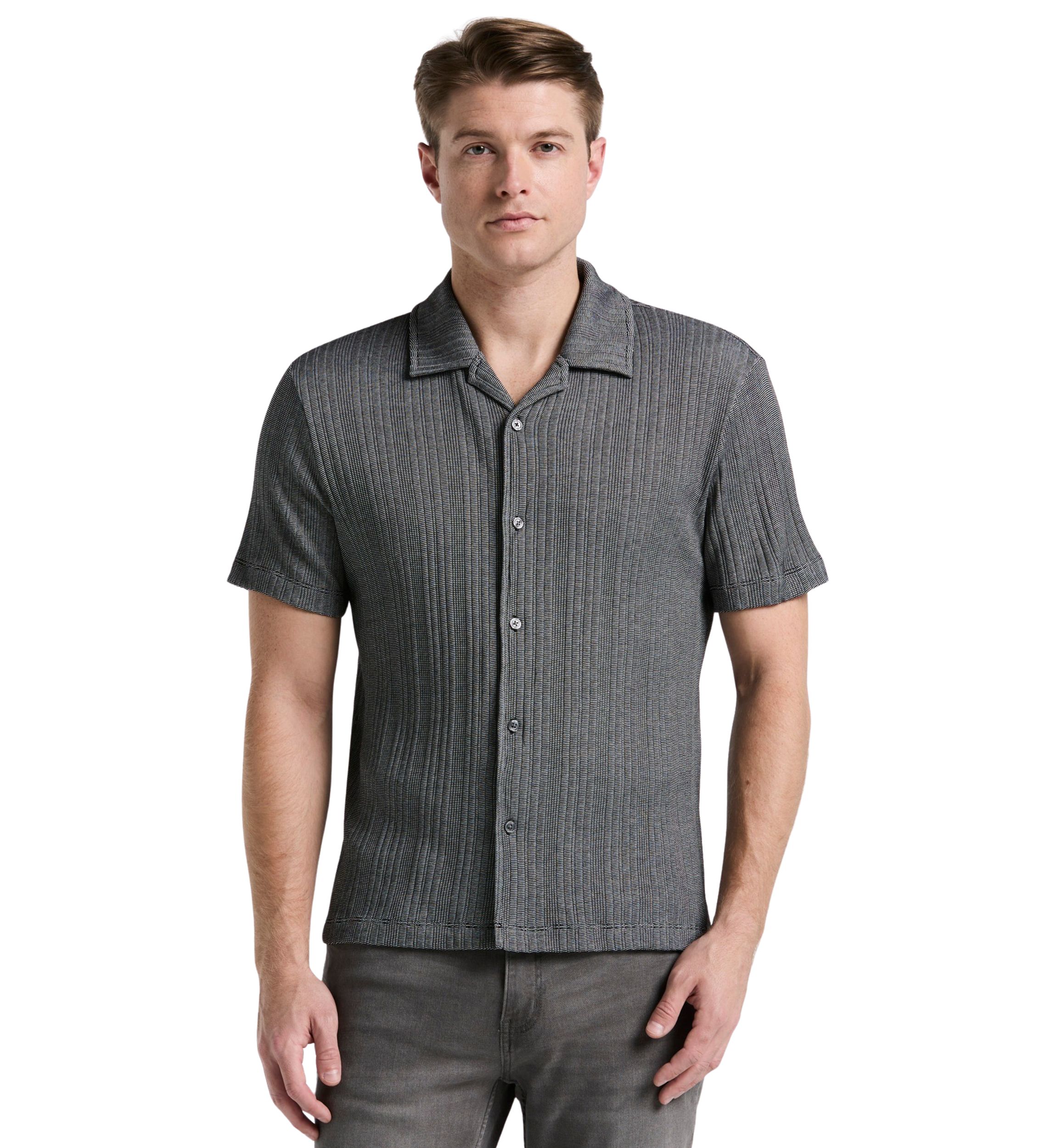 Mens Short Sleeve Button Front Ribbed Stripe Camp Shirt