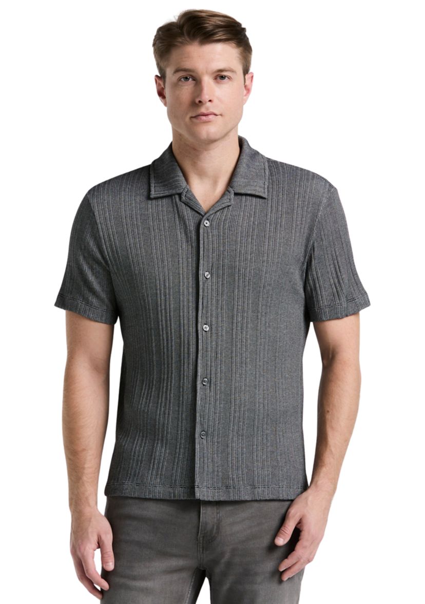 Mens Short Sleeve Button Front Ribbed Stripe Camp Shirt