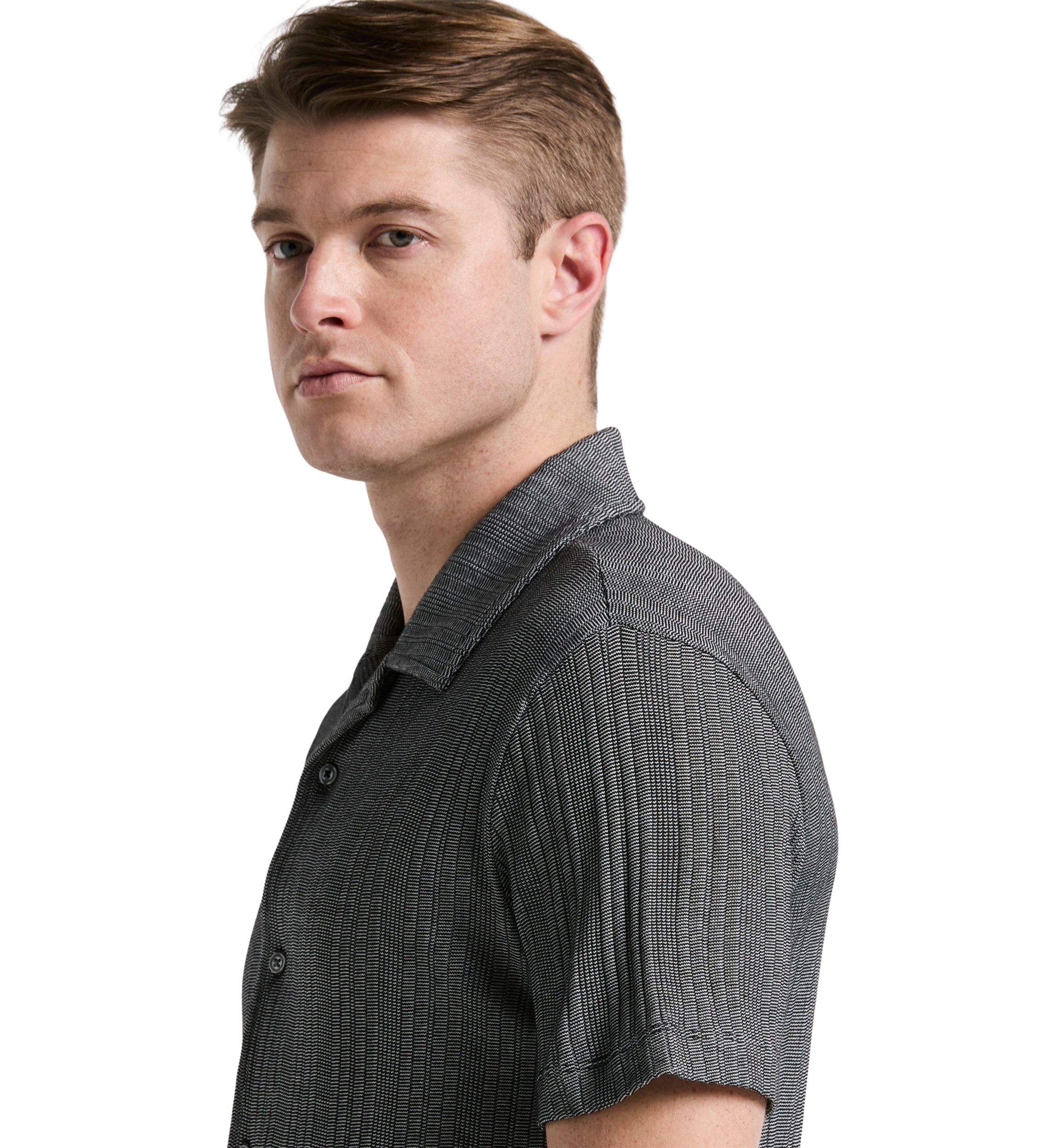 Mens Short Sleeve Button Front Ribbed Stripe Camp Shirt