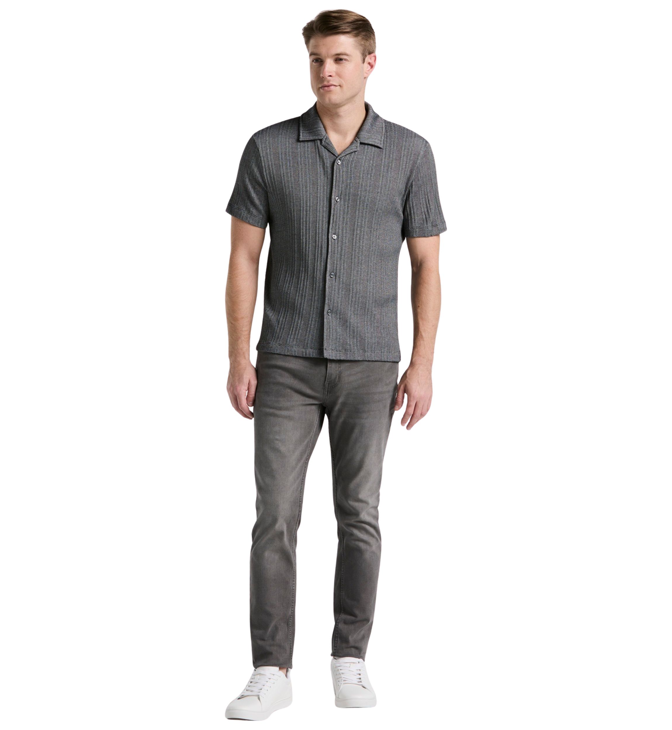 Mens Short Sleeve Button Front Ribbed Stripe Camp Shirt