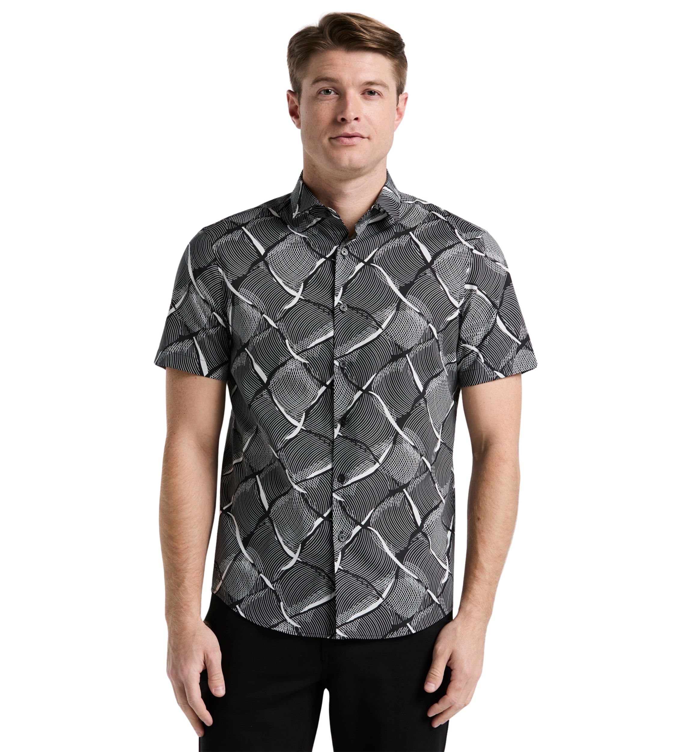Mens Short Sleeve Linework Grid Print Shirt