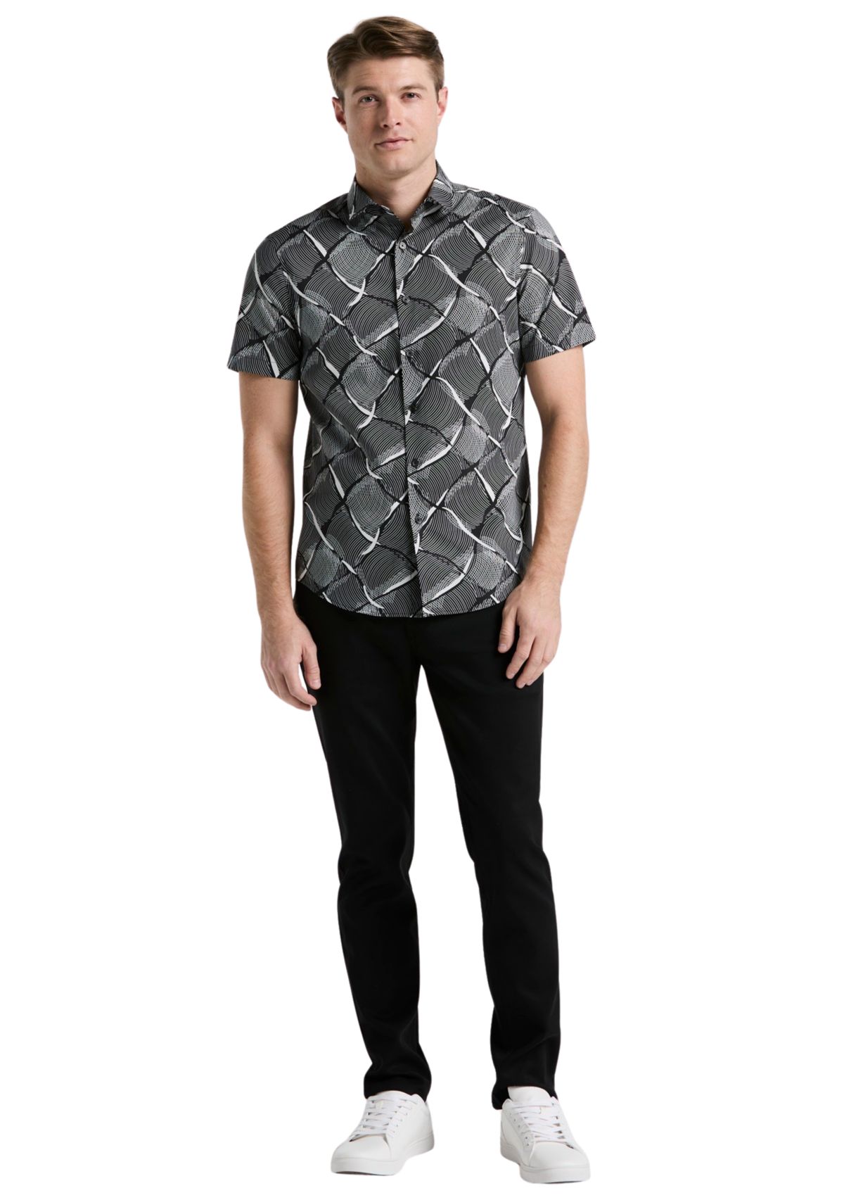 Mens Short Sleeve Linework Grid Print Shirt