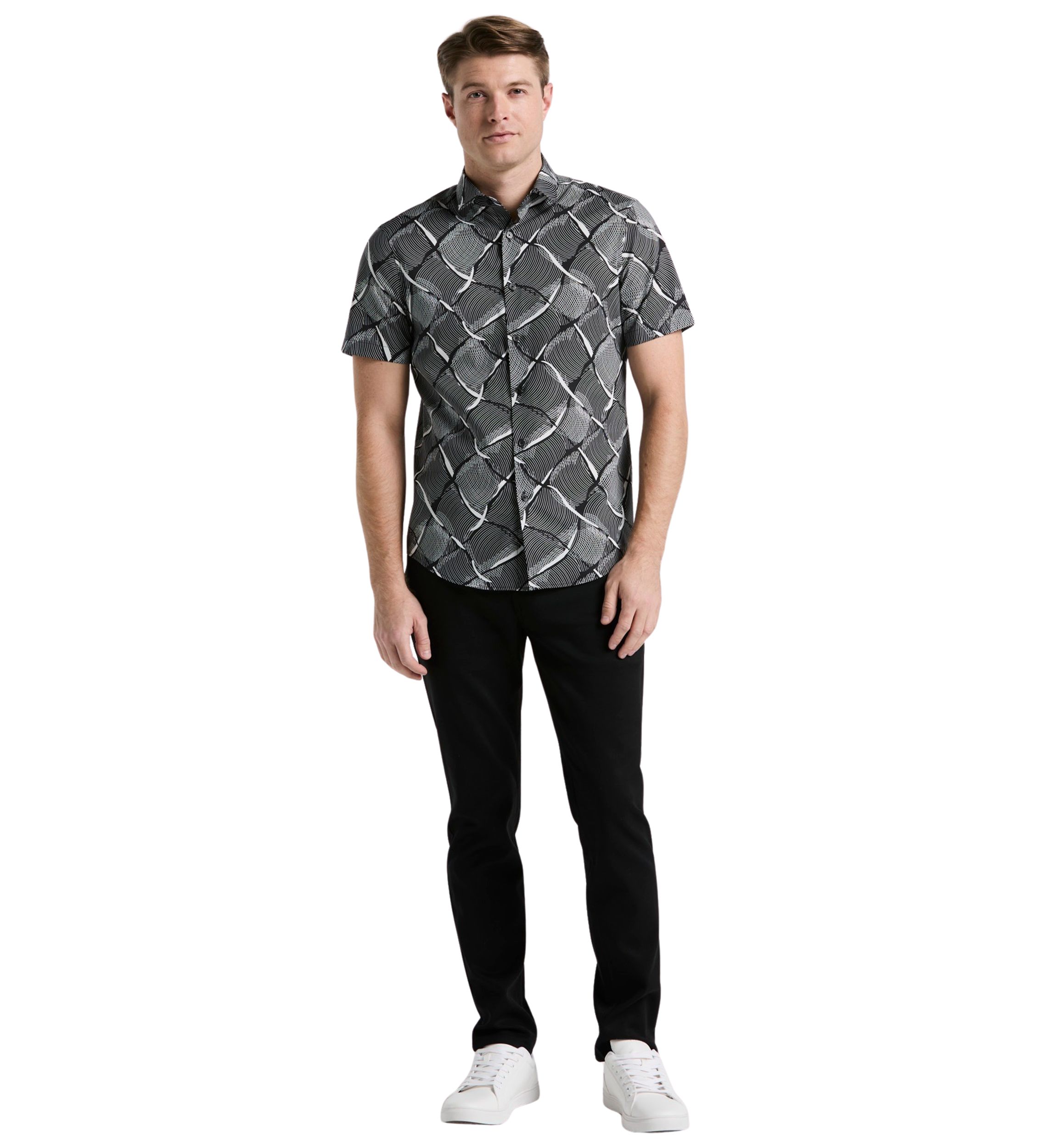 Mens Short Sleeve Linework Grid Print Shirt