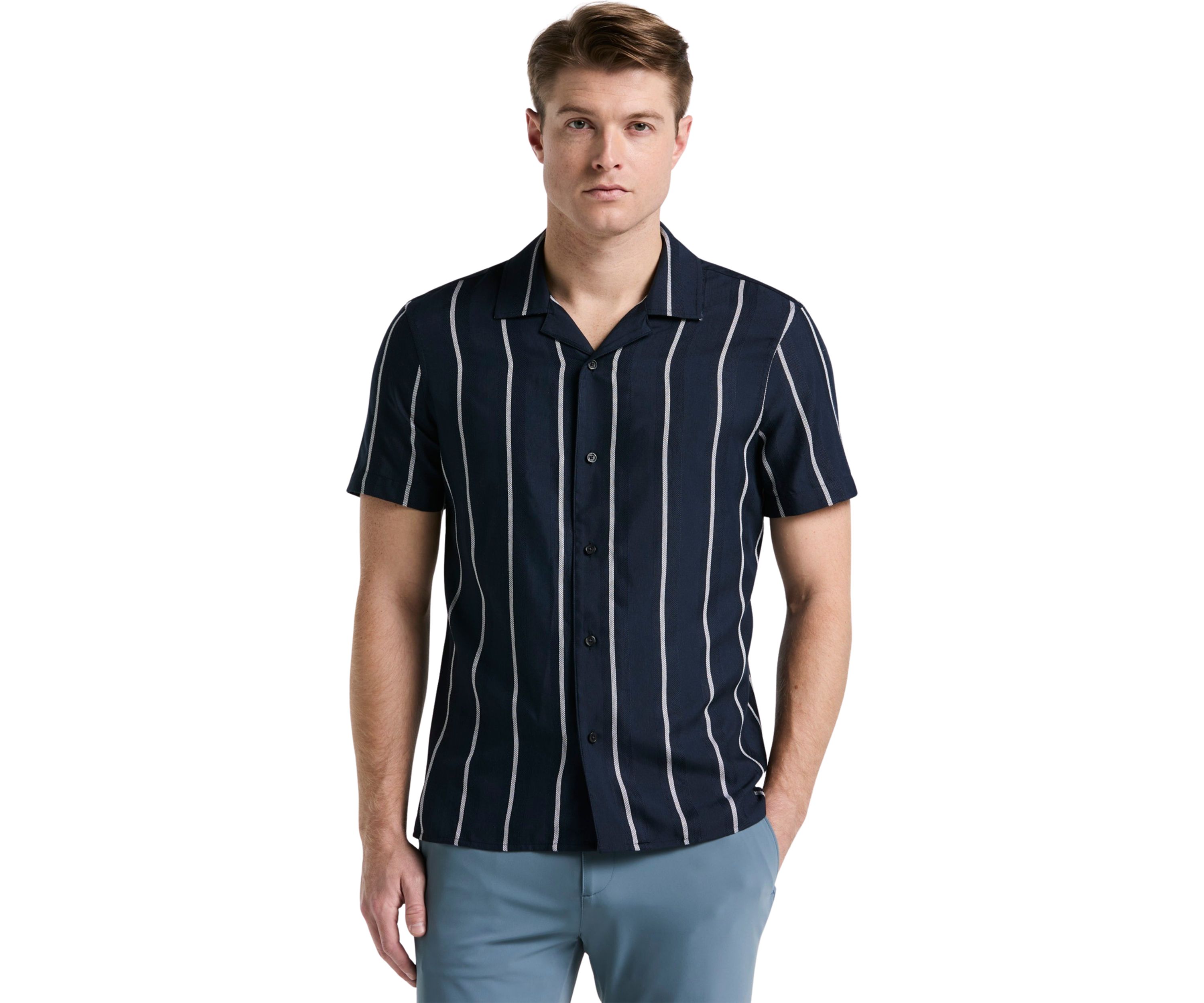Mens Short Sleeve Textured Stripe Camp Shirt