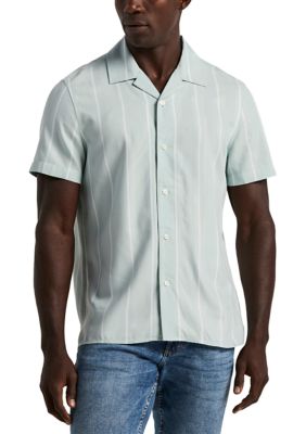 Perry Ellis Men's Short Sleeve Textured Stripe Camp Shirt, Blue, Large