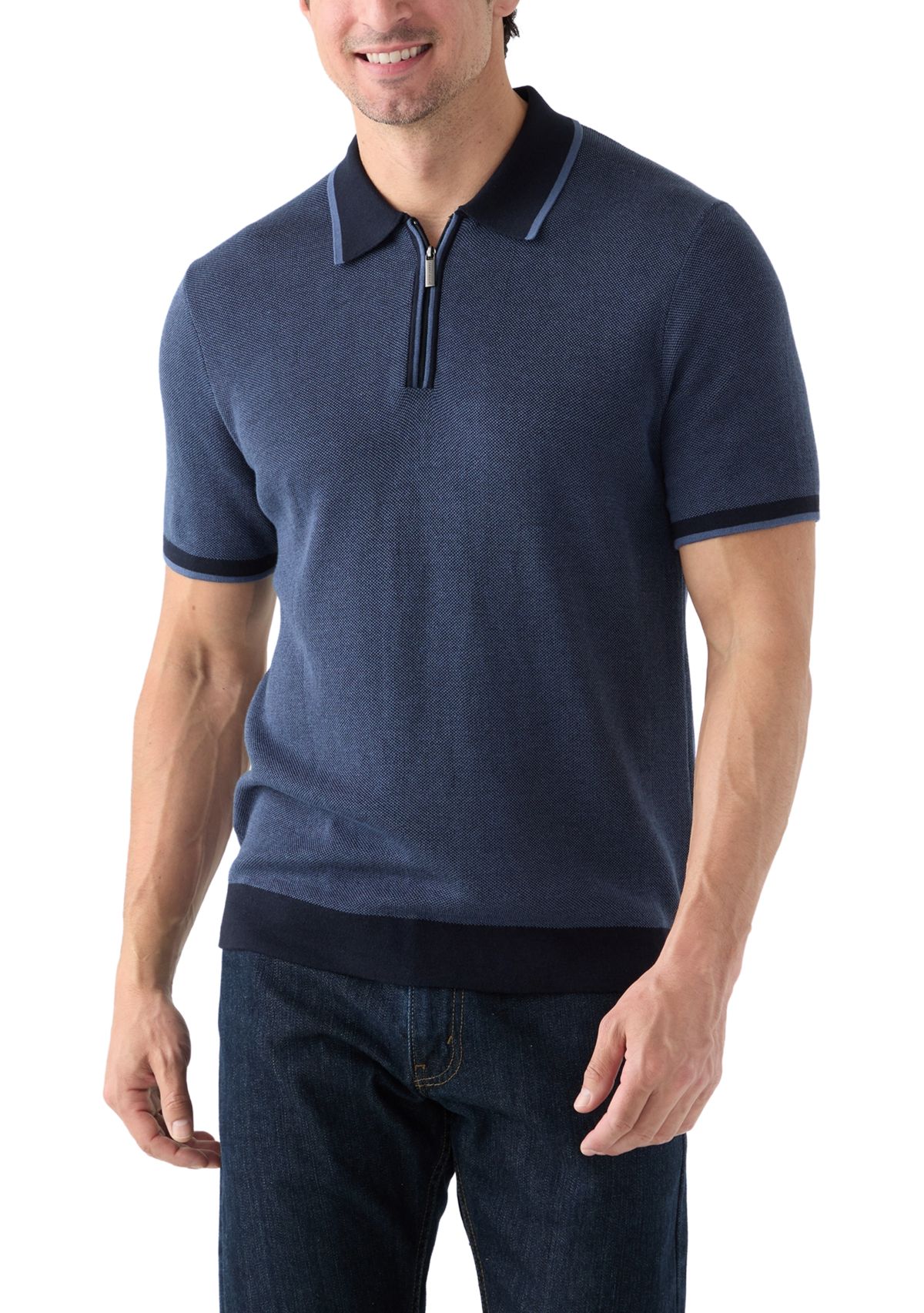 Mens Bi-Color Stitch Zip Polo Shirt 