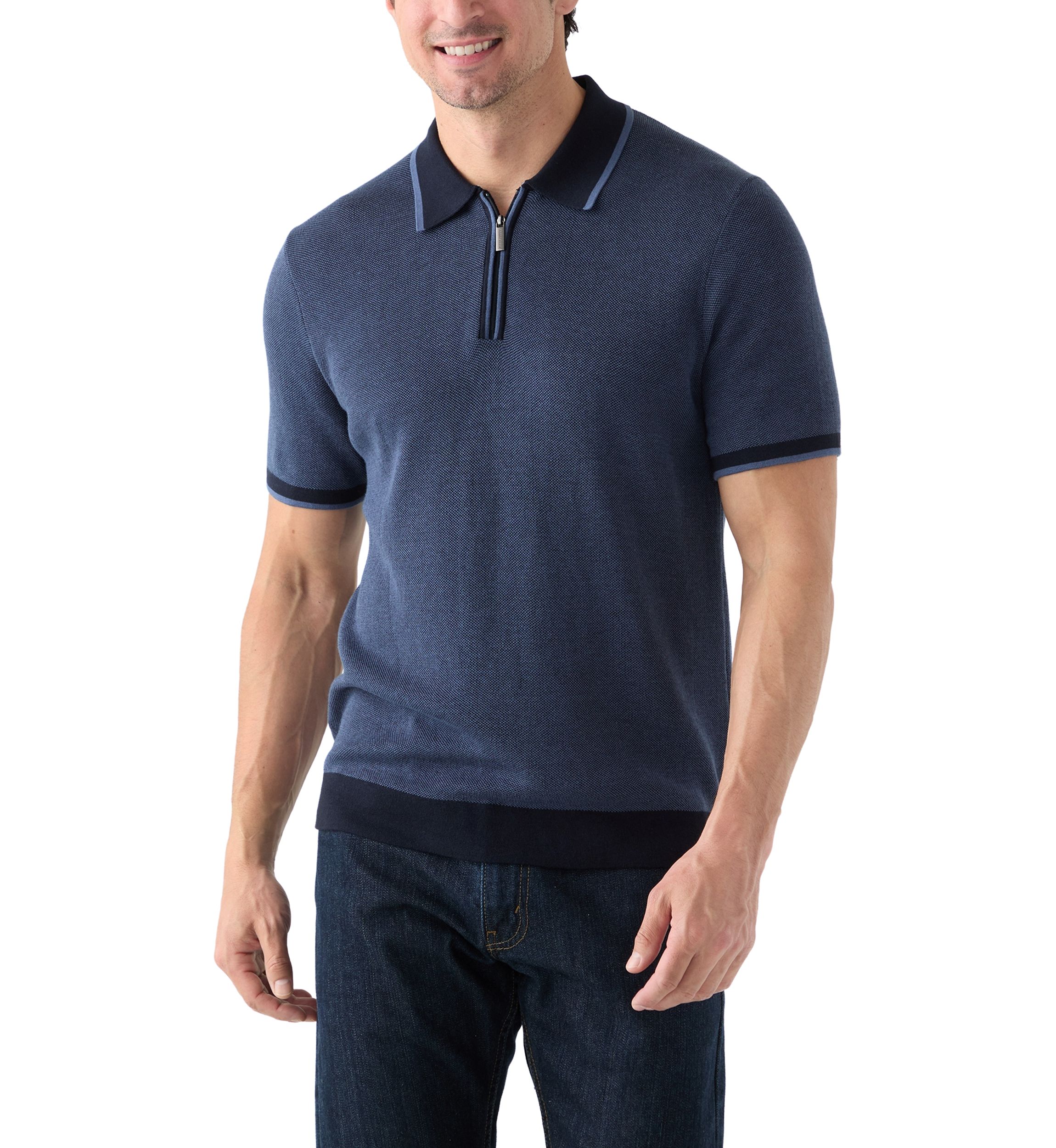 Mens Bi-Color Stitch Zip Polo Shirt 