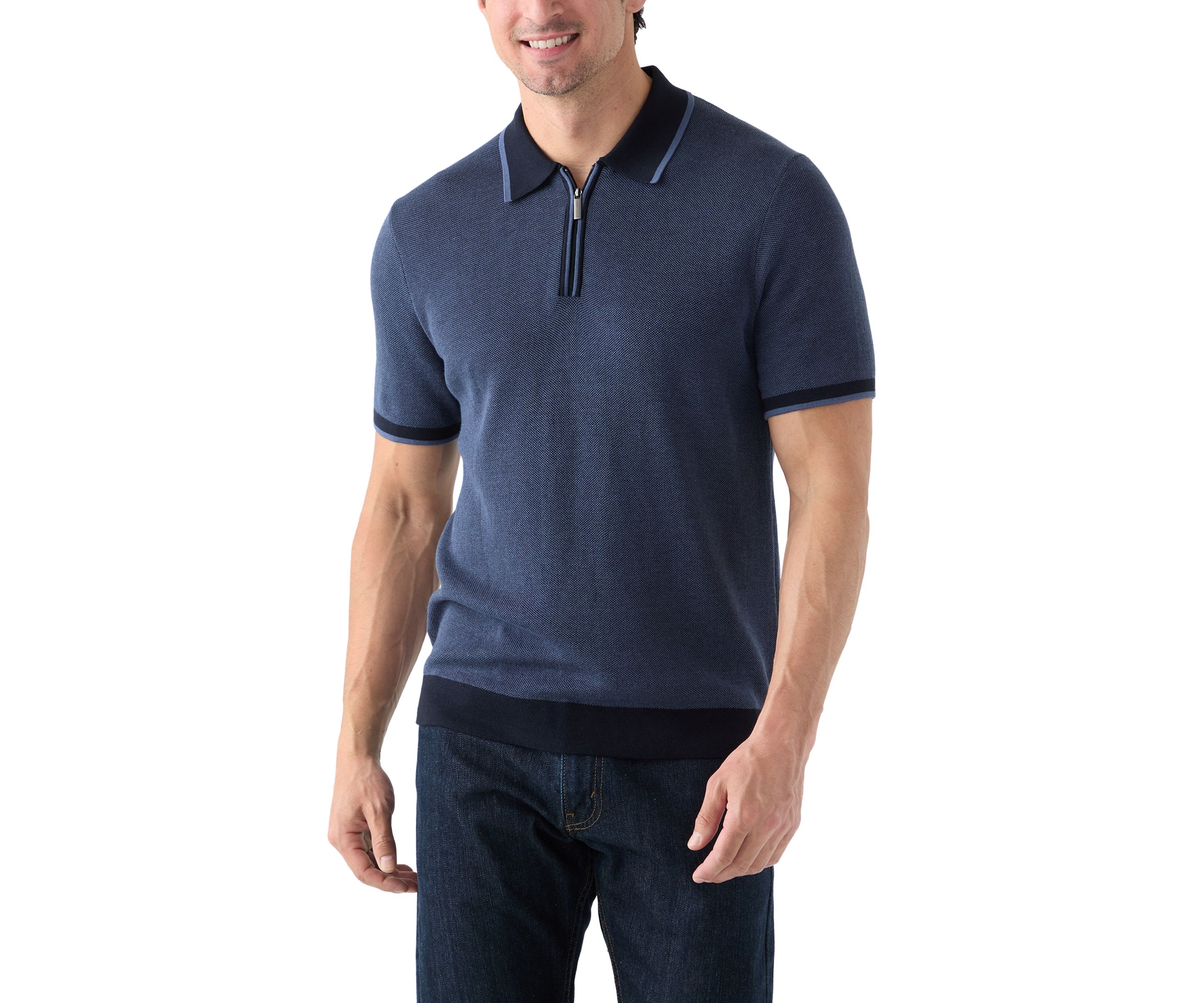 Mens Bi-Color Stitch Zip Polo Shirt 