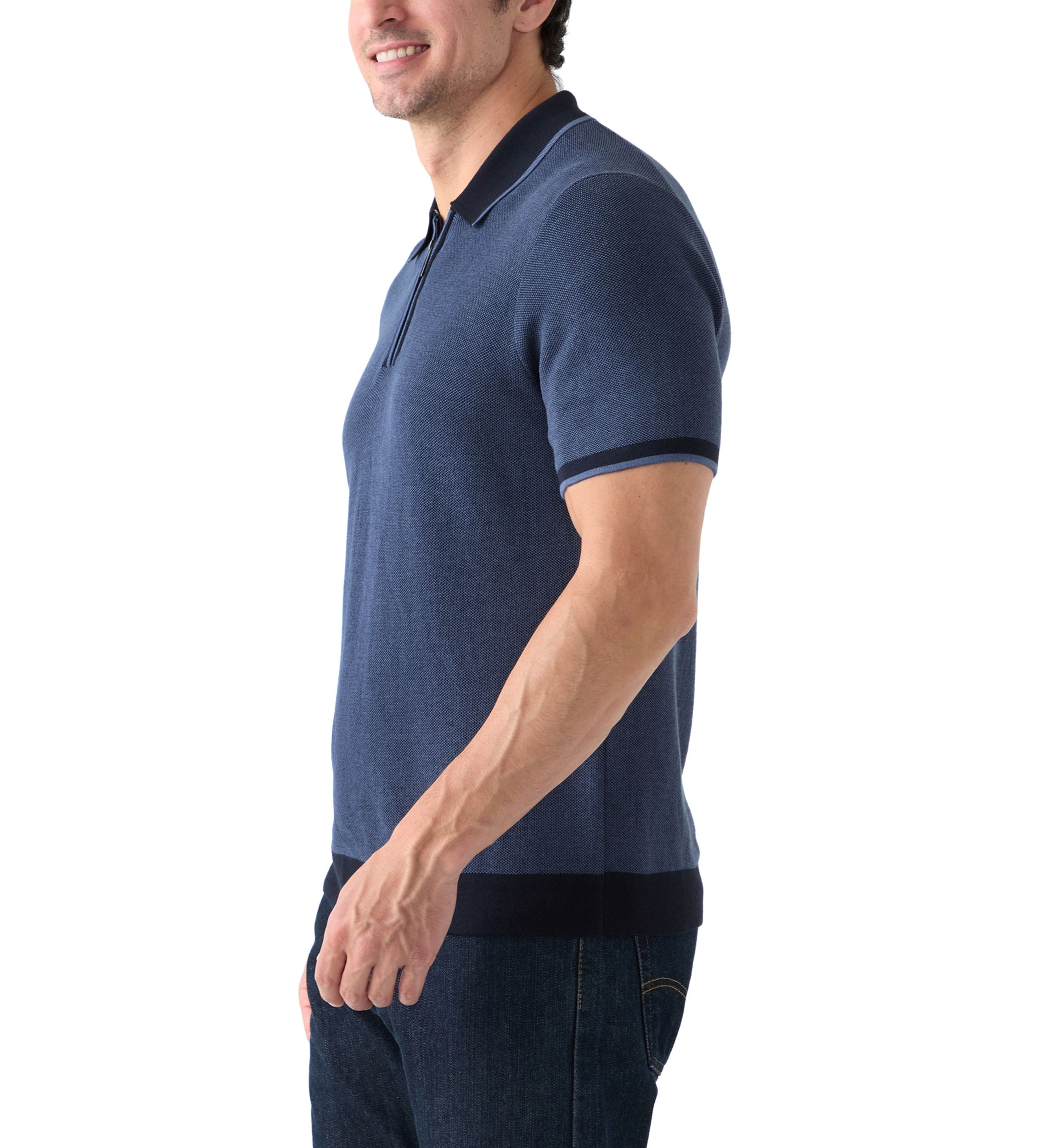 Mens Bi-Color Stitch Zip Polo Shirt 