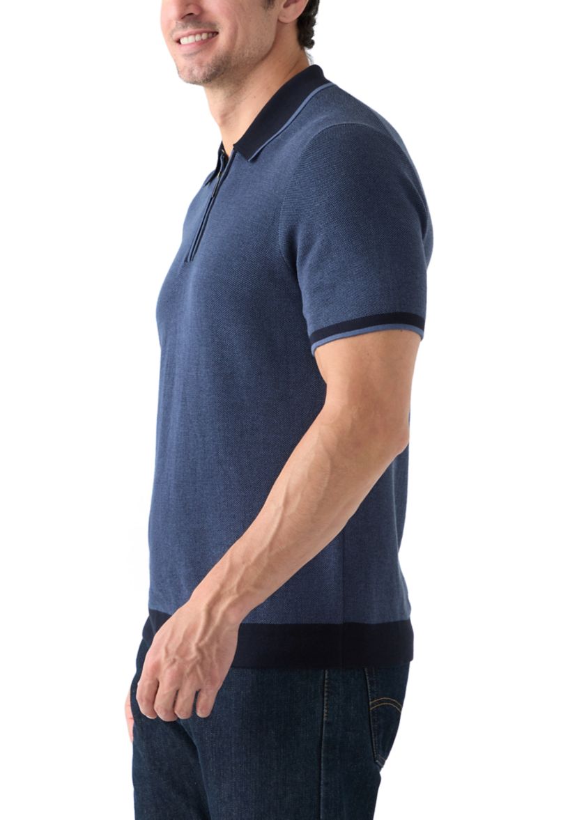 Mens Bi-Color Stitch Zip Polo Shirt 